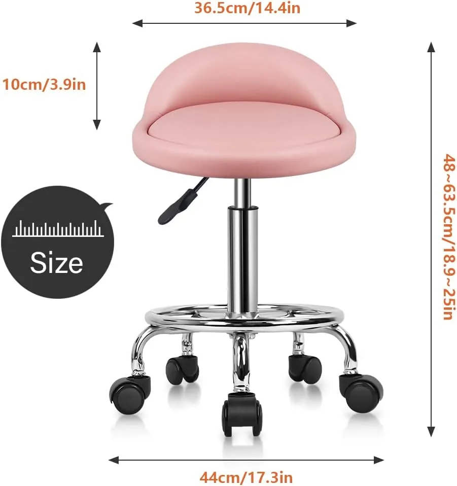 KKTONER PU Leather Round Rolling Stool with Foot Rest Height Adjustable Swivel Drafting Work SPA Task Chair with Wheels (Pink)