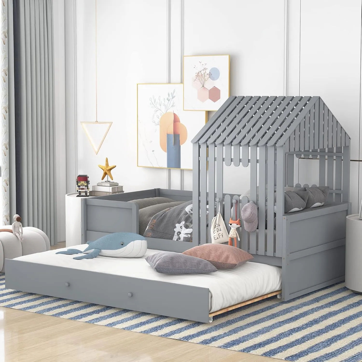 KLMM Unique Twin Size House Low Loft Bed with Trundle, Suitable for Boys, Girls, Teenage Adults, Solid and Stable,Easy to Assemble (Gray$Z)