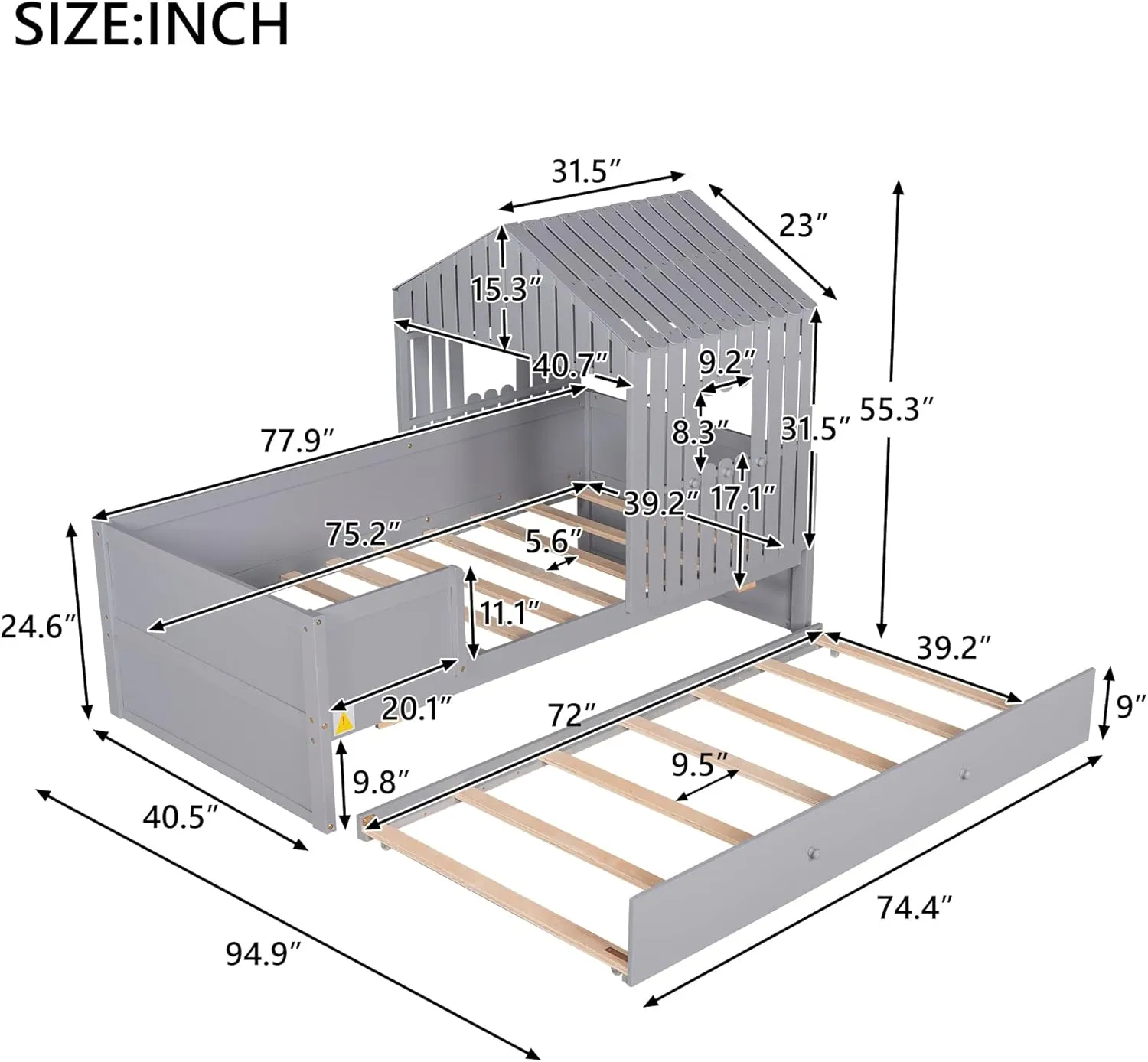 KLMM Unique Twin Size House Low Loft Bed with Trundle, Suitable for Boys, Girls, Teenage Adults, Solid and Stable,Easy to Assemble (Gray$Z)