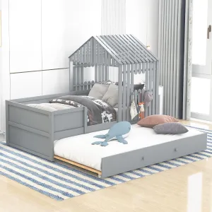 KLMM Unique Twin Size House Low Loft Bed with Trundle, Suitable for Boys, Girls, Teenage Adults, Solid and Stable,Easy to Assemble (Gray$Z)