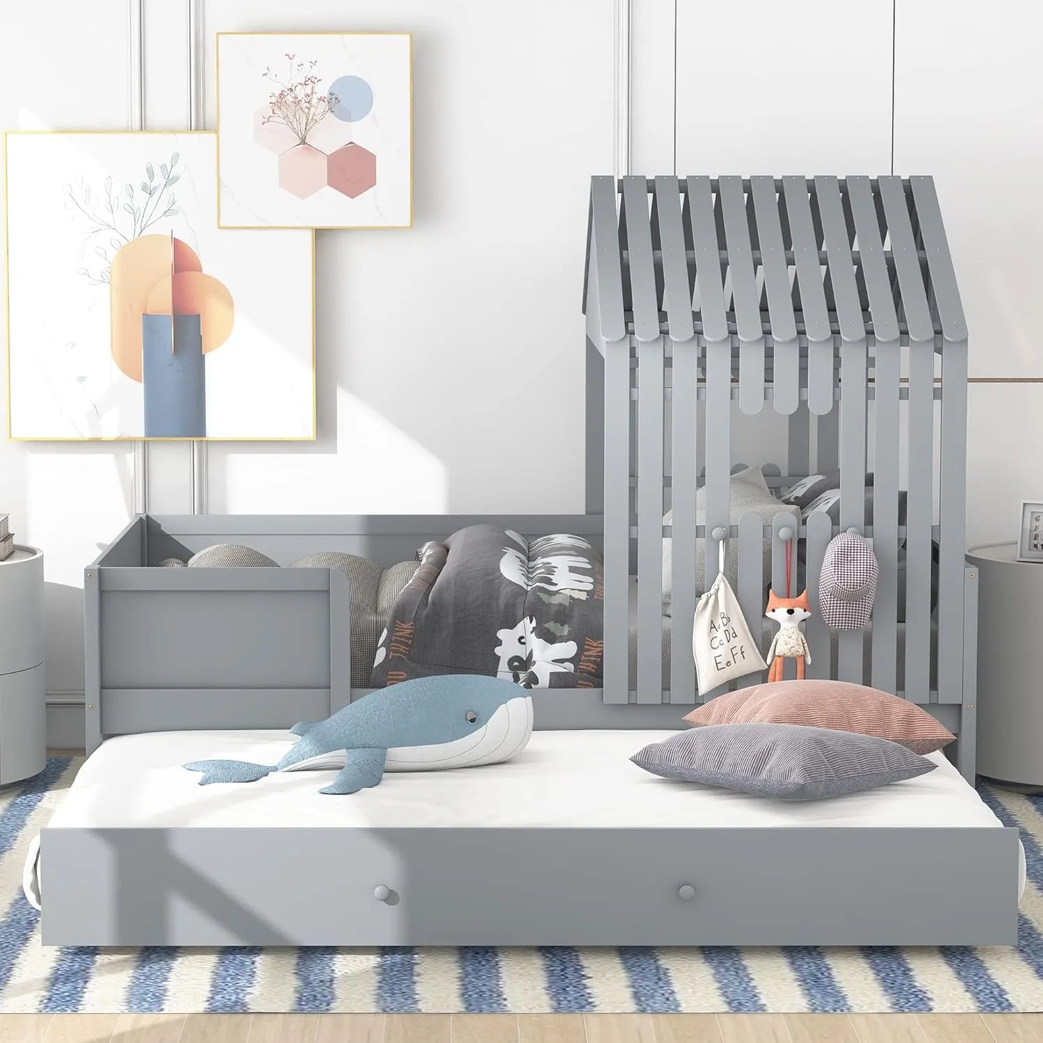 KLMM Unique Twin Size House Low Loft Bed with Trundle, Suitable for Boys, Girls, Teenage Adults, Solid and Stable,Easy to Assemble (Gray$Z)