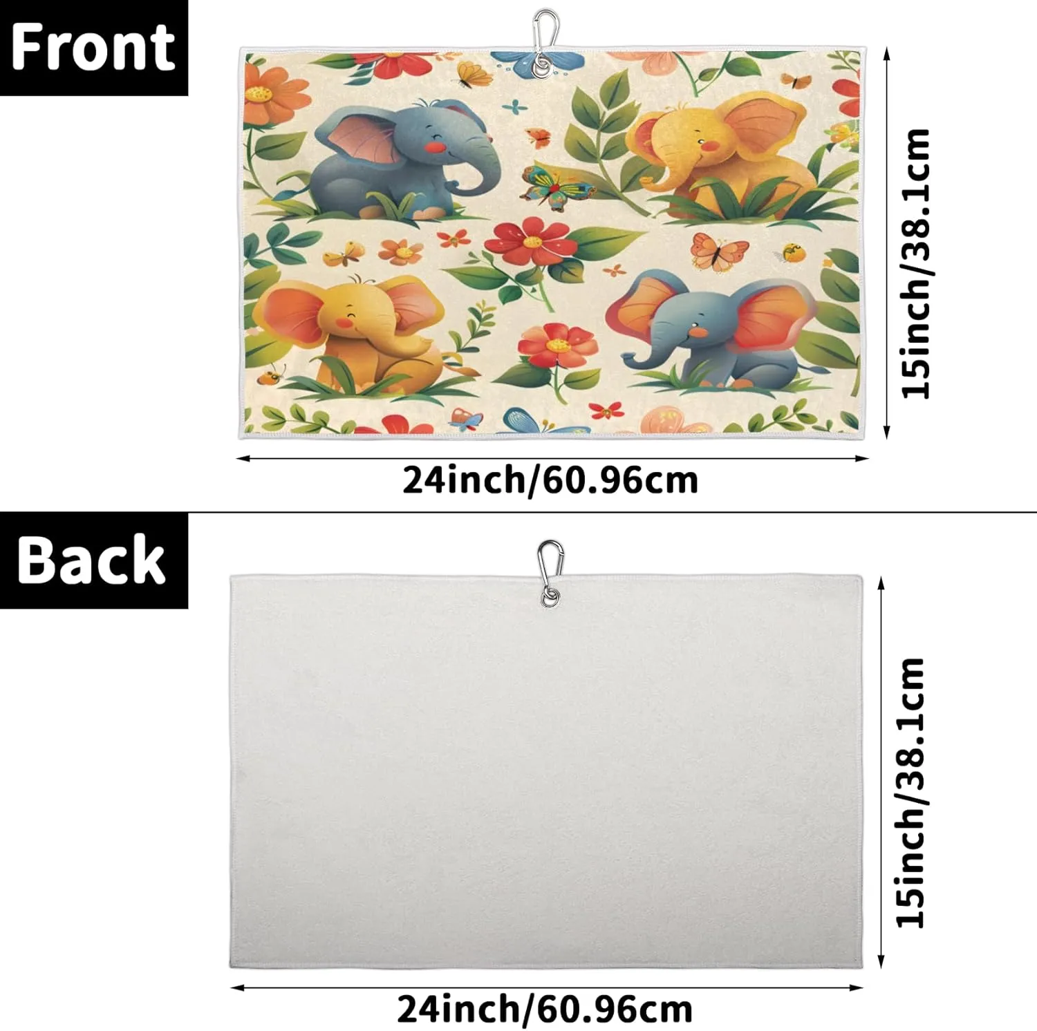 KOBLEN Microfiber Golf Towel with Heavy Duty Carabiner Clip, Cute Elephant Pattern 24x15 Inch Quick Dry Absorbent Towel for Golf Clubs Balls, Golf Bag Accessories for Men Women,1 Pack