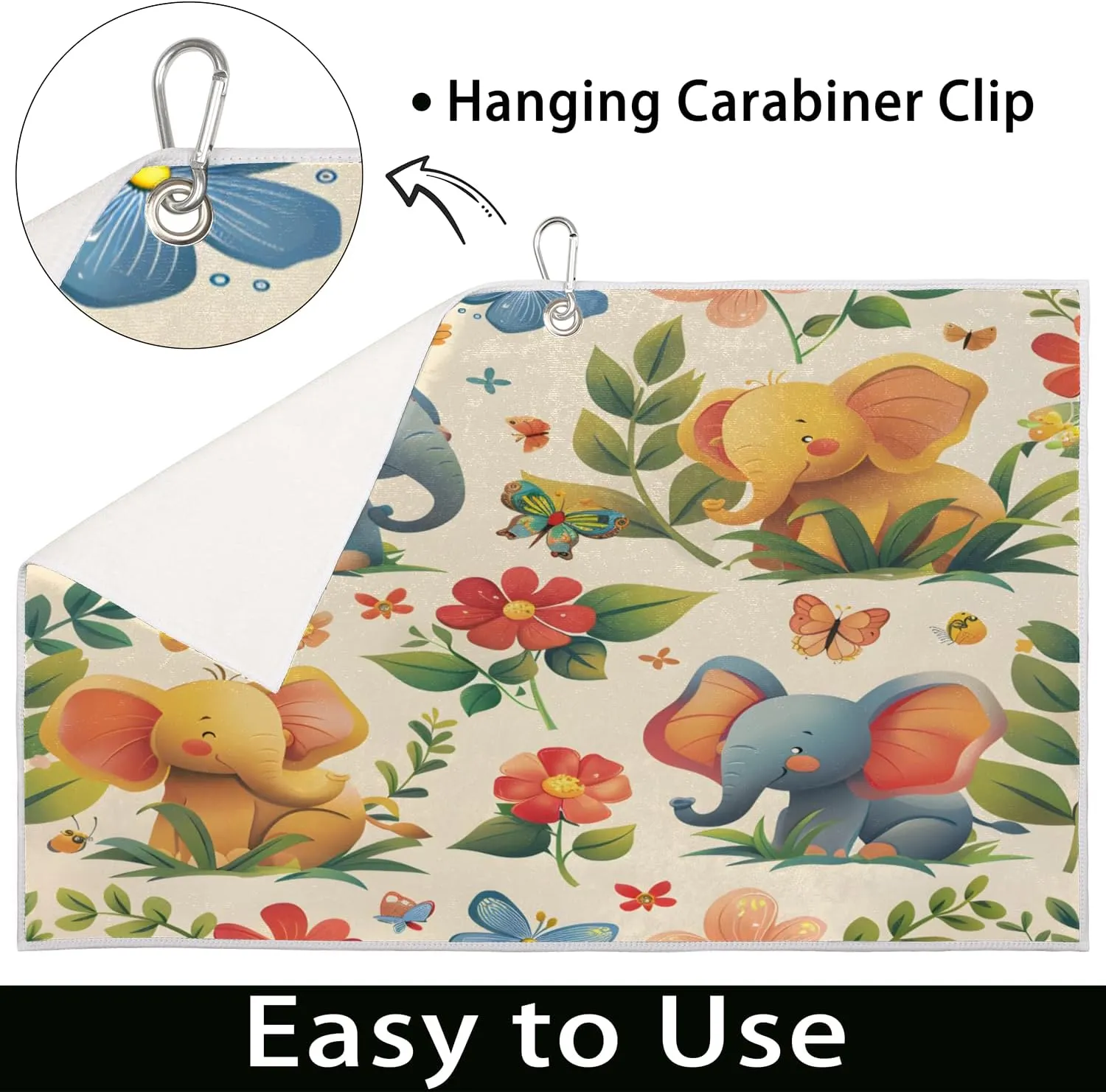 KOBLEN Microfiber Golf Towel with Heavy Duty Carabiner Clip, Cute Elephant Pattern 24x15 Inch Quick Dry Absorbent Towel for Golf Clubs Balls, Golf Bag Accessories for Men Women,1 Pack