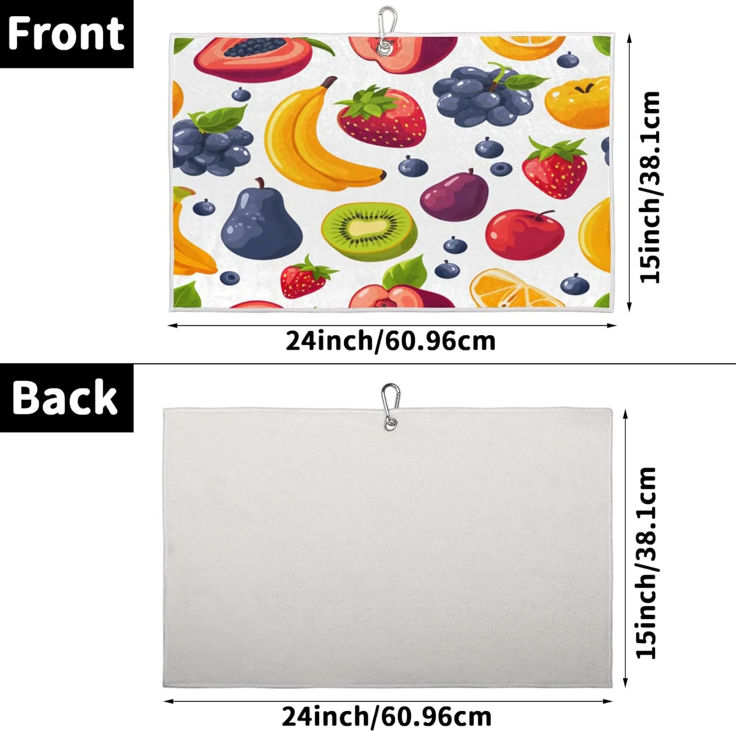 KOBLEN Microfiber Golf Towel with Heavy Duty Carabiner Clip, Fruit Medley Pattern 24x15 Inch Quick Dry Absorbent Towel for Golf Clubs Balls, Golf Bag Accessories for Men Women,1 Pack