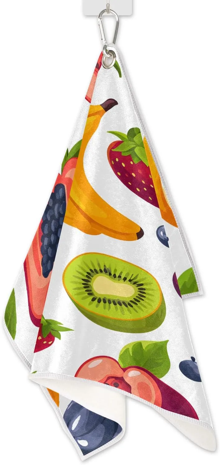 KOBLEN Microfiber Golf Towel with Heavy Duty Carabiner Clip, Fruit Medley Pattern 24x15 Inch Quick Dry Absorbent Towel for Golf Clubs Balls, Golf Bag Accessories for Men Women,1 Pack
