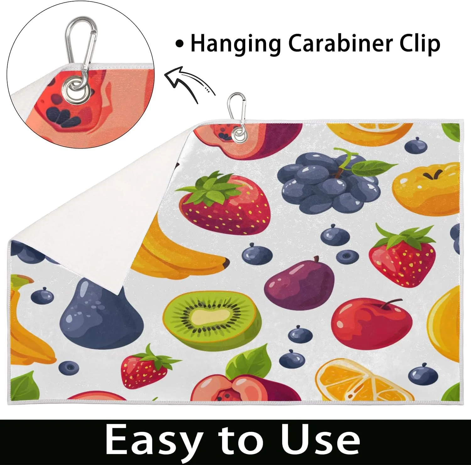 KOBLEN Microfiber Golf Towel with Heavy Duty Carabiner Clip, Fruit Medley Pattern 24x15 Inch Quick Dry Absorbent Towel for Golf Clubs Balls, Golf Bag Accessories for Men Women,1 Pack