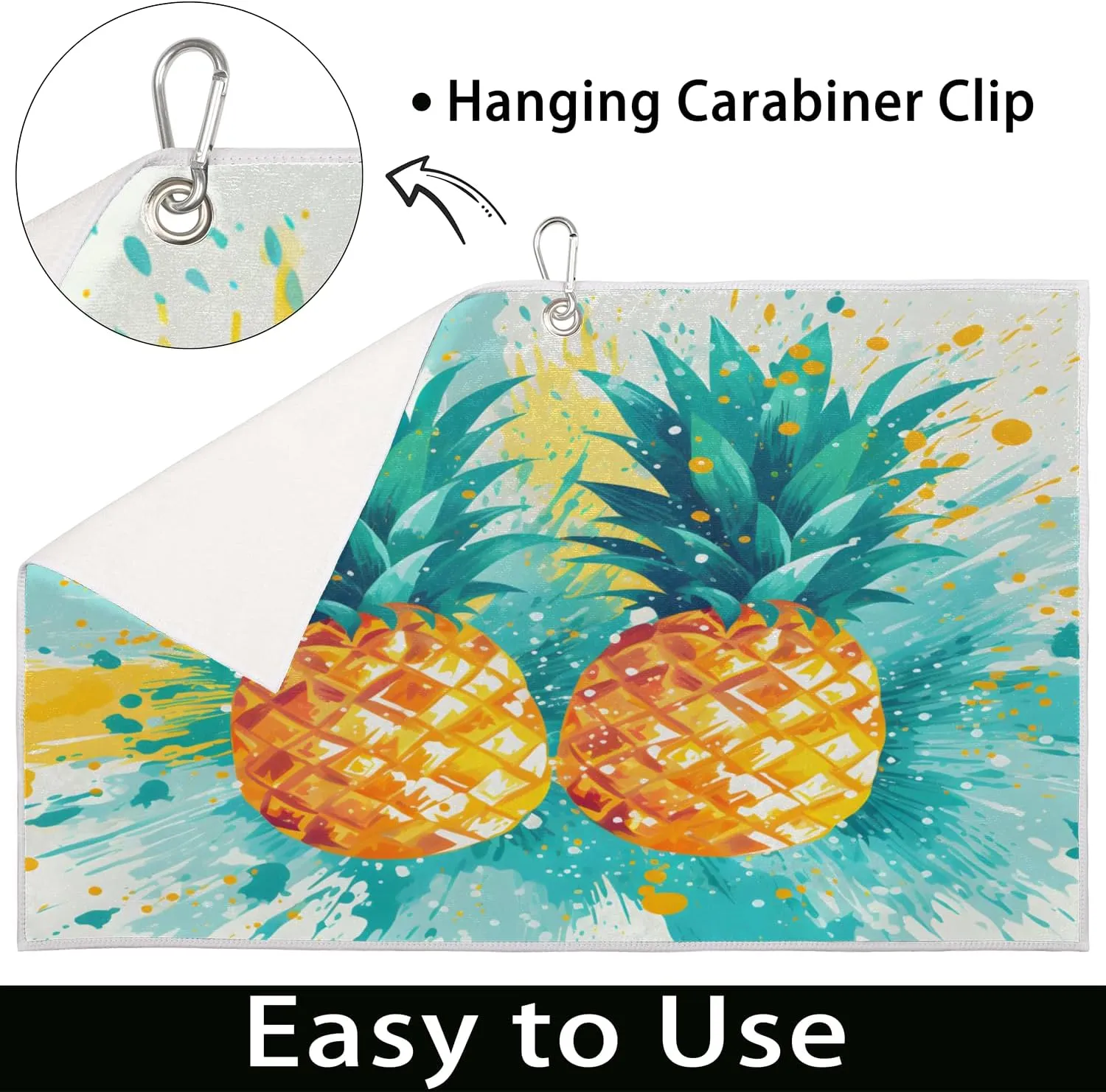 KOBLEN Microfiber Golf Towel with Heavy Duty Carabiner Clip, Splashed Pineapples 24x15 Inch Quick Dry Absorbent Towel for Golf Clubs Balls, Golf Bag Accessories for Men Women,1 Pack