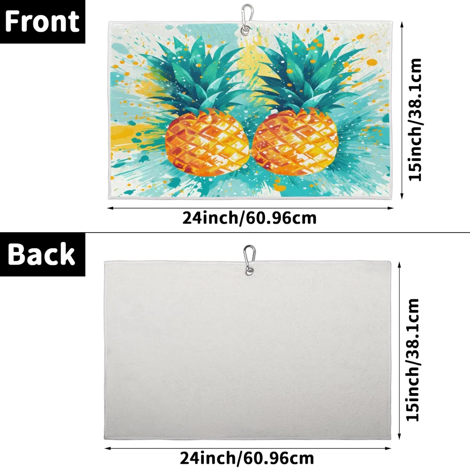 KOBLEN Microfiber Golf Towel with Heavy Duty Carabiner Clip, Splashed Pineapples 24x15 Inch Quick Dry Absorbent Towel for Golf Clubs Balls, Golf Bag Accessories for Men Women,1 Pack