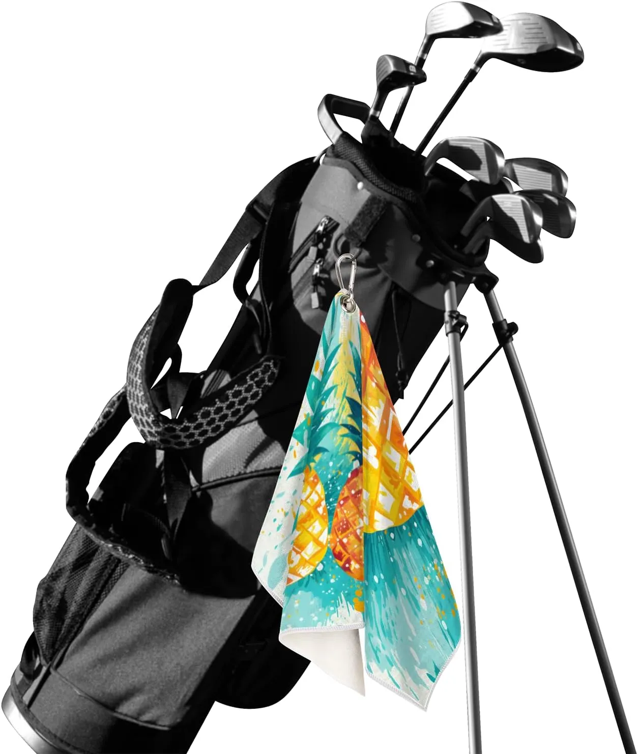 KOBLEN Microfiber Golf Towel with Heavy Duty Carabiner Clip, Splashed Pineapples 24x15 Inch Quick Dry Absorbent Towel for Golf Clubs Balls, Golf Bag Accessories for Men Women,1 Pack