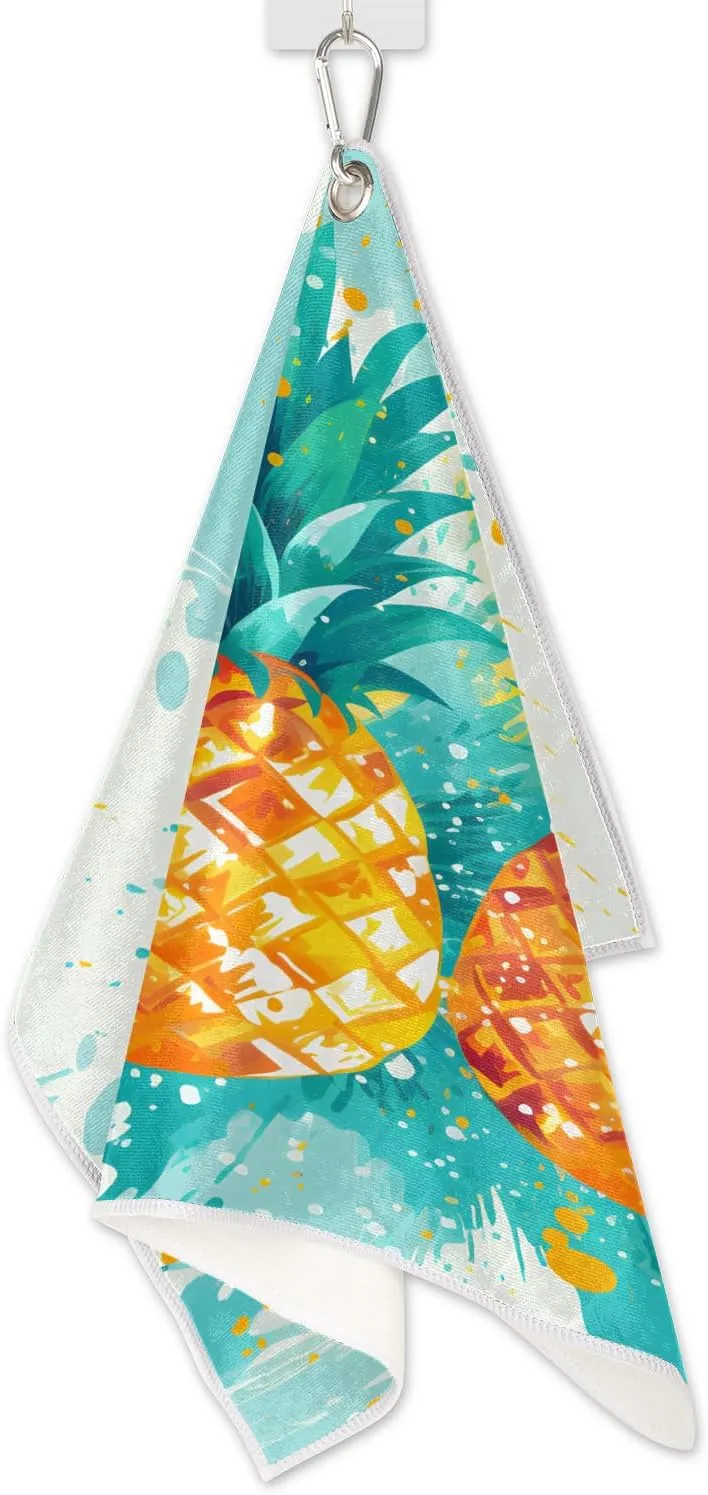 KOBLEN Microfiber Golf Towel with Heavy Duty Carabiner Clip, Splashed Pineapples 24x15 Inch Quick Dry Absorbent Towel for Golf Clubs Balls, Golf Bag Accessories for Men Women,1 Pack