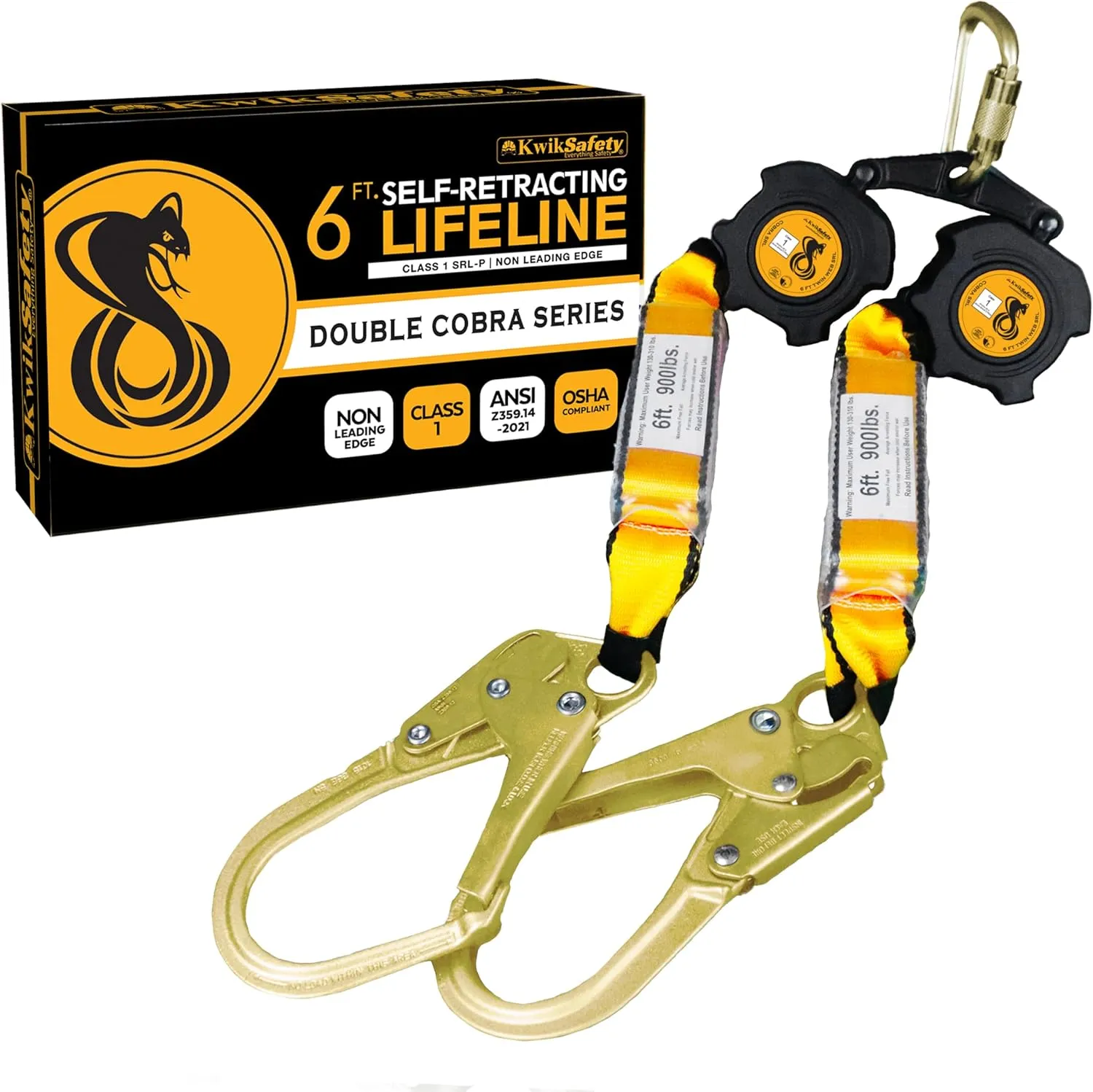 KwikSafety - Charlotte, NC - Cobra Web 6’ Twin-Leg [NO Tangle] Self Retracting Lifeline ANSI Class 1 SRL Rebar Hooks Shock Absorber Construction Personal Fall Arrest