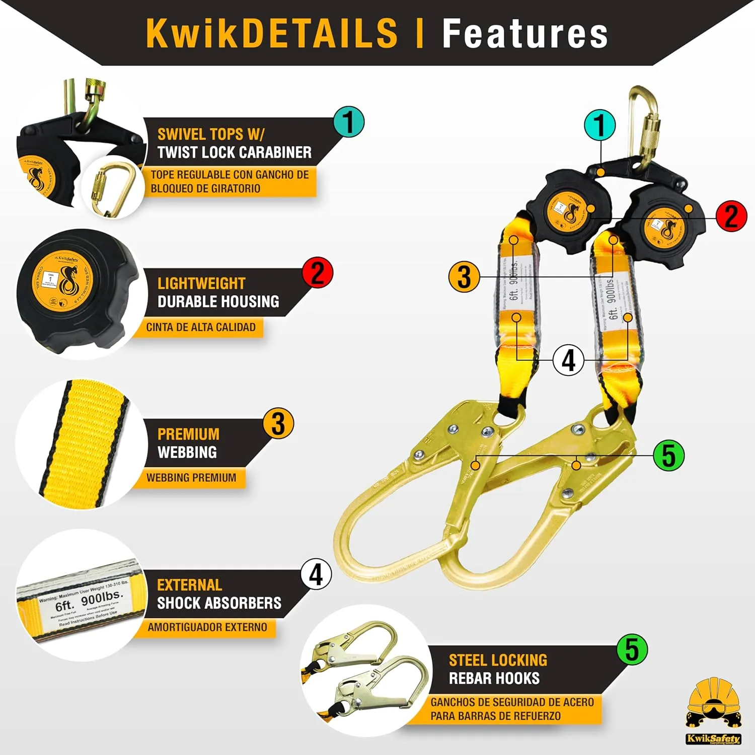 KwikSafety - Charlotte, NC - Cobra Web 6’ Twin-Leg [NO Tangle] Self Retracting Lifeline ANSI Class 1 SRL Rebar Hooks Shock Absorber Construction Personal Fall Arrest