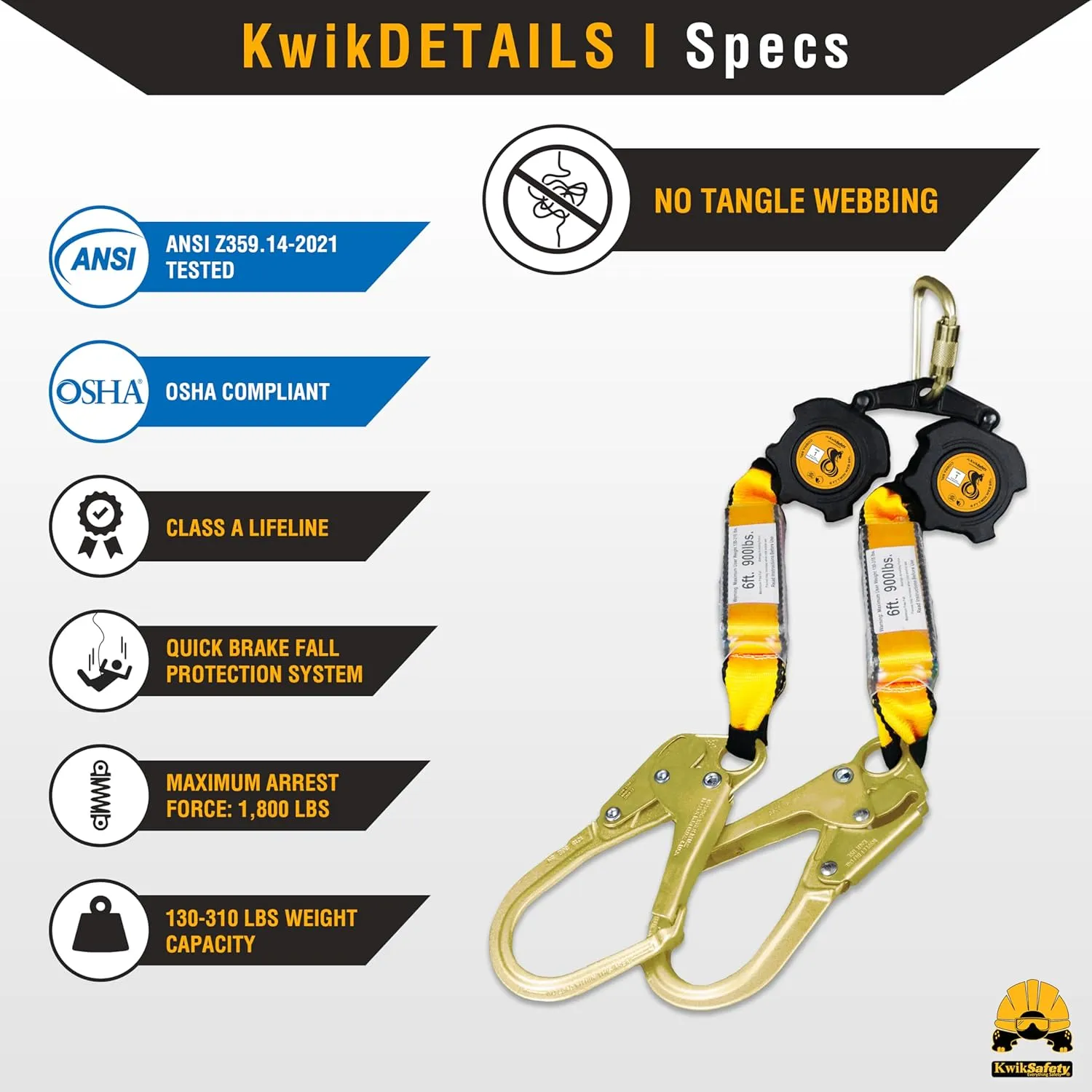 KwikSafety - Charlotte, NC - Cobra Web 6’ Twin-Leg [NO Tangle] Self Retracting Lifeline ANSI Class 1 SRL Rebar Hooks Shock Absorber Construction Personal Fall Arrest