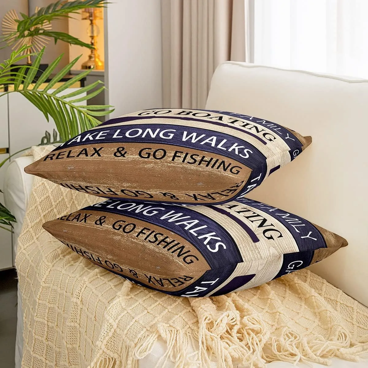 Lake House Throw Pillow Covers 18x18 Inch Set of 2, Paddle Retro Wood Grain Throw Pillow Covers, Retro Rustic Farmhouse Cushion Covers for Sofa Bed Couch, Go Boating Decorative Pillow Covers, Brown