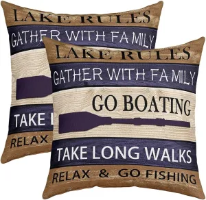 Lake House Throw Pillow Covers 18x18 Inch Set of 2, Paddle Retro Wood Grain Throw Pillow Covers, Retro Rustic Farmhouse Cushion Covers for Sofa Bed Couch, Go Boating Decorative Pillow Covers, Brown