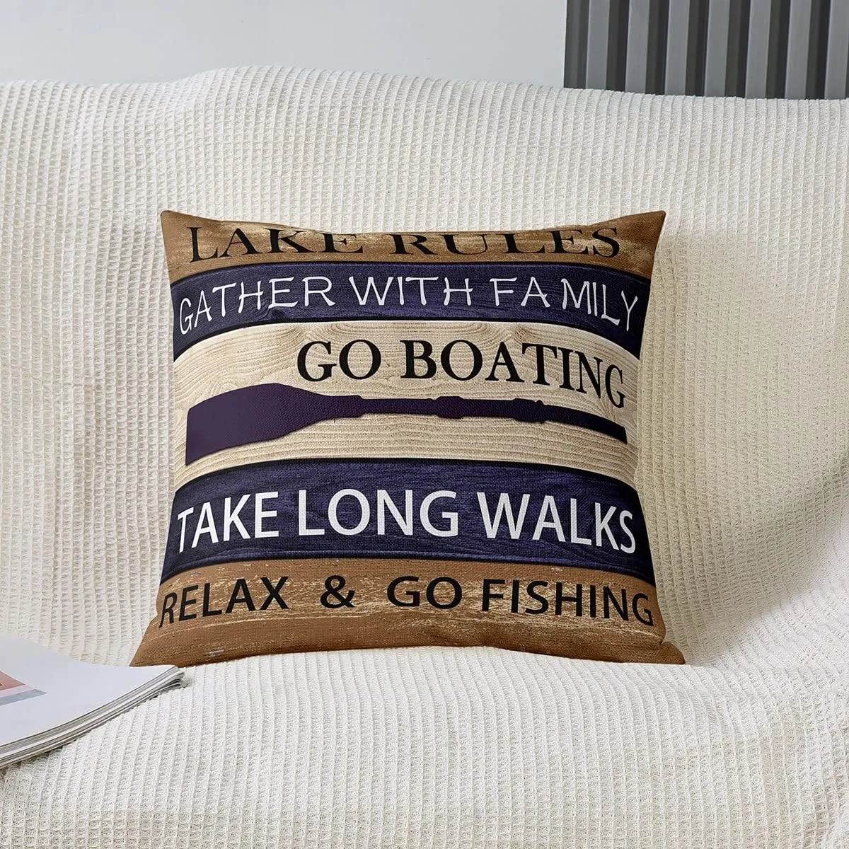Lake House Throw Pillow Covers 18x18 Inch Set of 2, Paddle Retro Wood Grain Throw Pillow Covers, Retro Rustic Farmhouse Cushion Covers for Sofa Bed Couch, Go Boating Decorative Pillow Covers, Brown