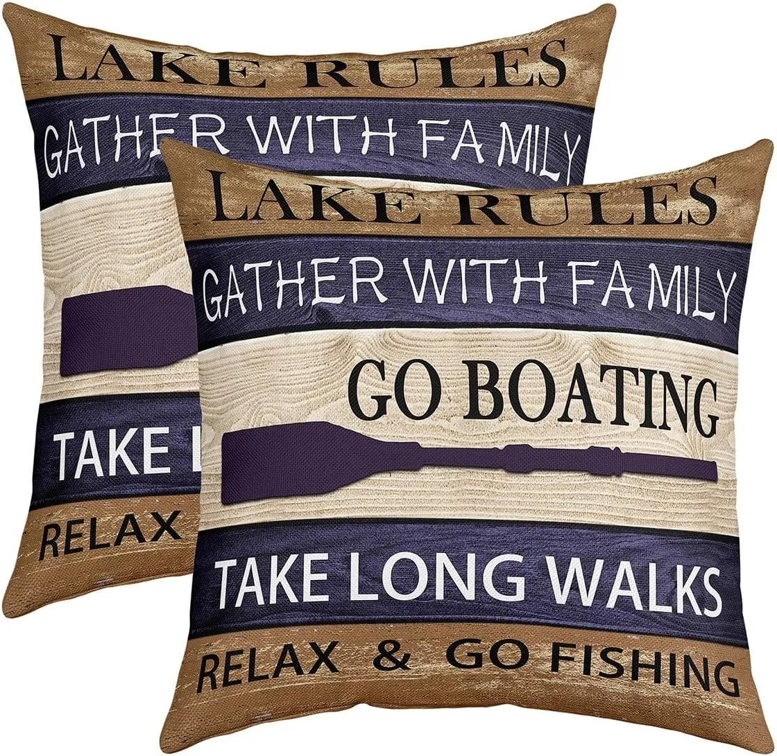 Lake House Throw Pillow Covers 18x18 Inch Set of 2, Paddle Retro Wood Grain Throw Pillow Covers, Retro Rustic Farmhouse Cushion Covers for Sofa Bed Couch, Go Boating Decorative Pillow Covers, Brown