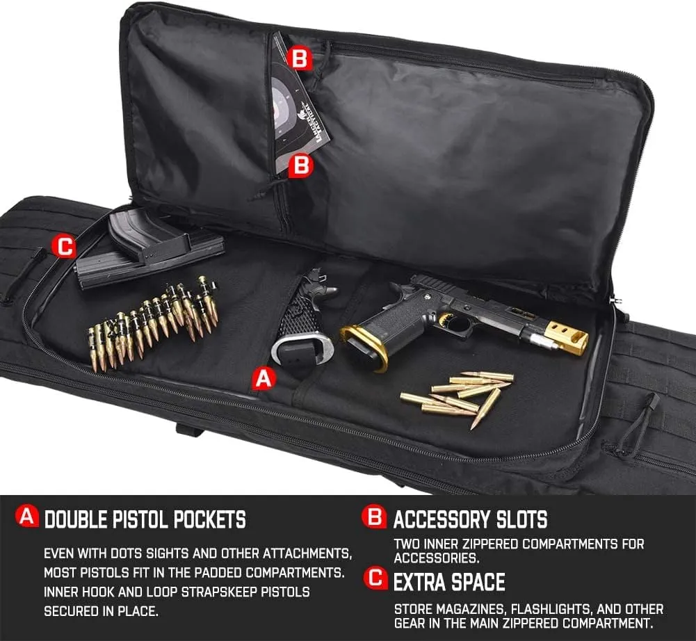 Lancer Tactical Classic Double Long Rifle Pistol Gun Bag - 42 Inch EVA Foam Tactical Firearm Transport Case with 600D Polyester, Backpack Straps, Lockable Compartment