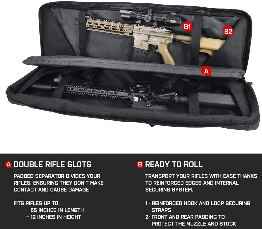 Lancer Tactical Classic Double Long Rifle Pistol Gun Bag - 42 Inch EVA Foam Tactical Firearm Transport Case with 600D Polyester, Backpack Straps, Lockable Compartment