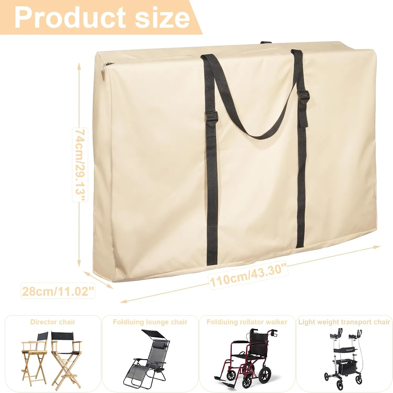 Large Outside Folding Chair Storage Bag with Zipper and Handles, 600D Folding Chair Carry Bag for Zero Gravity Chair Cover, Portable Folding Lounge Chair Carrying Bags, 43" L x 11" W x 29" H (Beige)