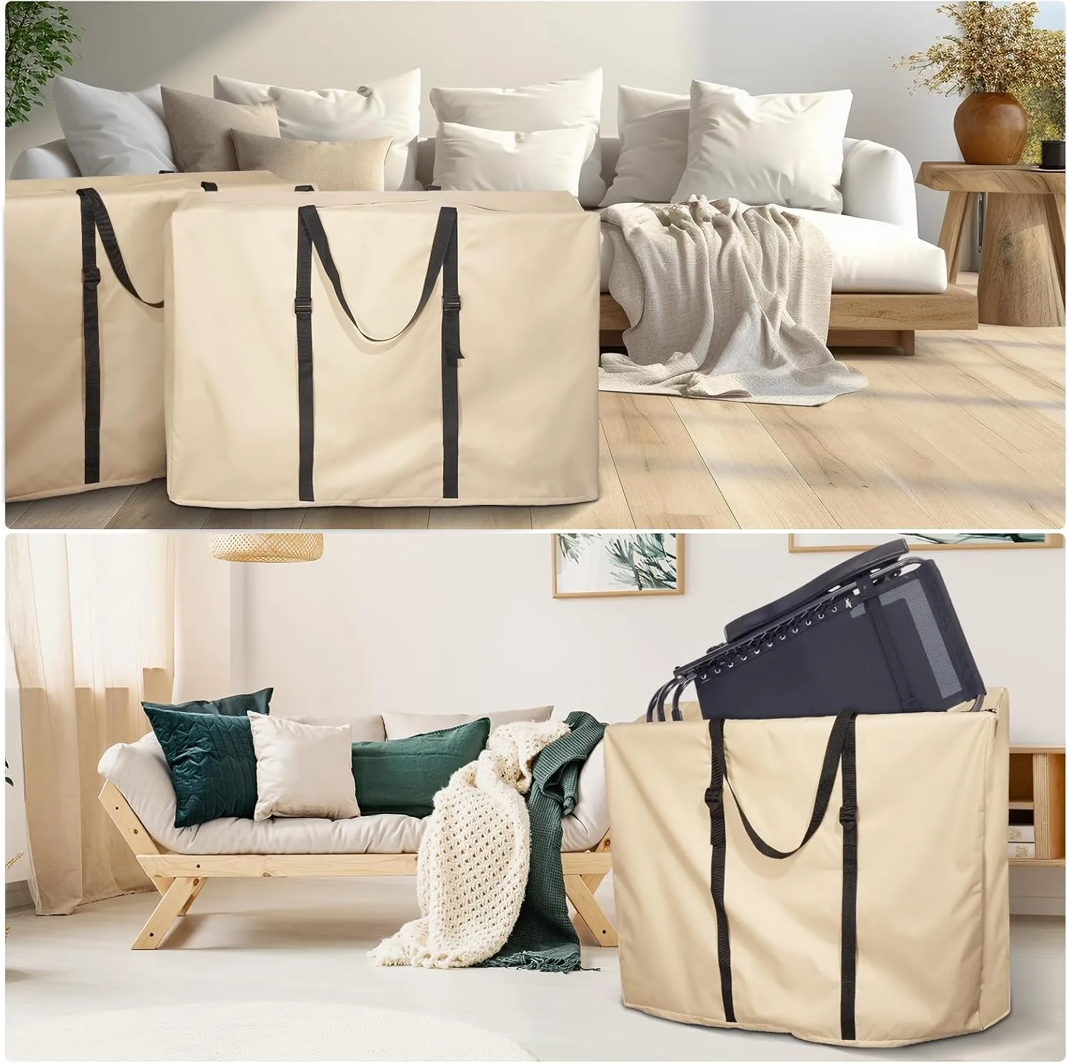 Large Outside Folding Chair Storage Bag with Zipper and Handles, 600D Folding Chair Carry Bag for Zero Gravity Chair Cover, Portable Folding Lounge Chair Carrying Bags, 43" L x 11" W x 29" H (Beige)