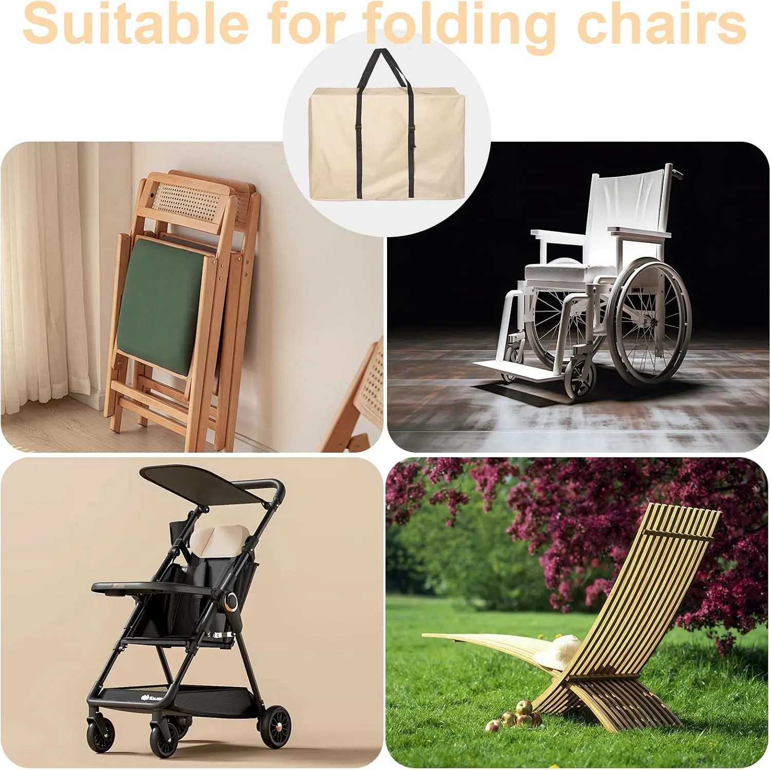 Large Outside Folding Chair Storage Bag with Zipper and Handles, 600D Folding Chair Carry Bag for Zero Gravity Chair Cover, Portable Folding Lounge Chair Carrying Bags, 43" L x 11" W x 29" H (Beige)