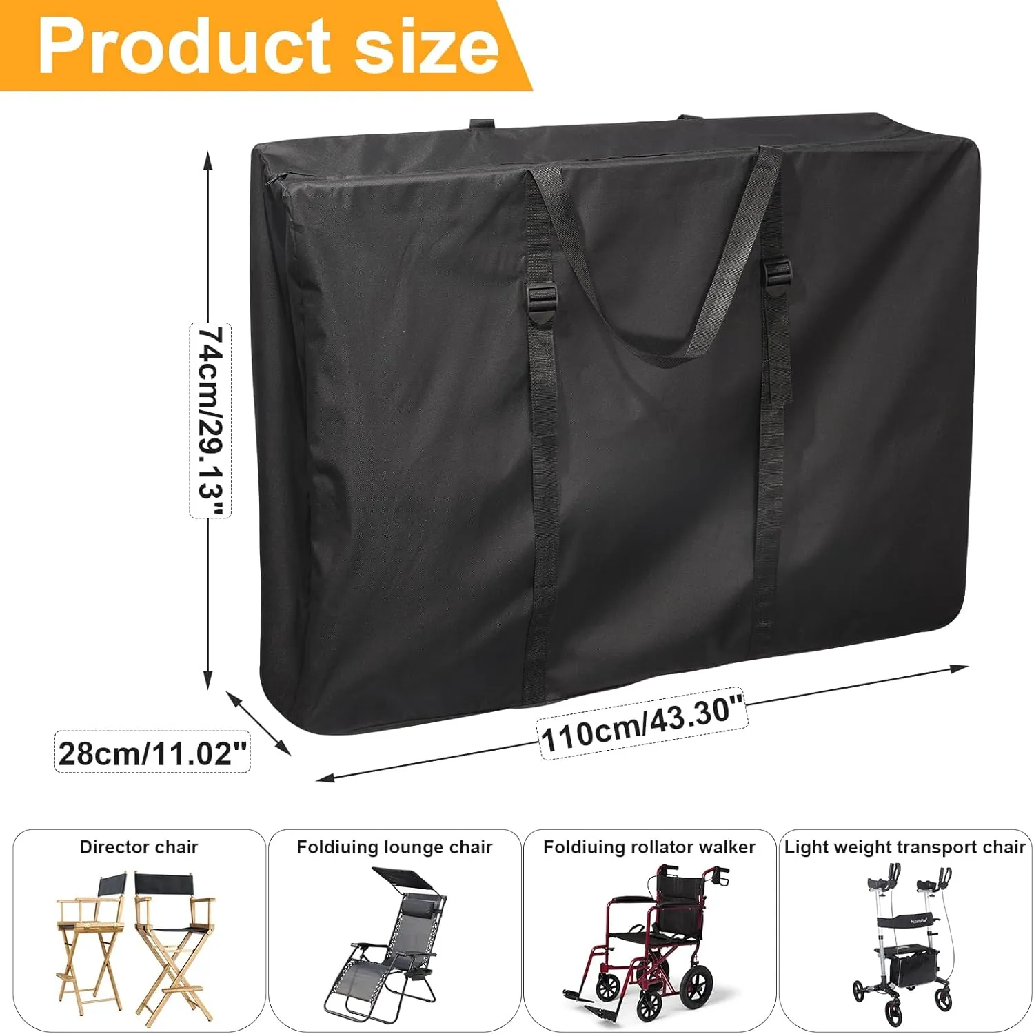Large Outside Folding Chair Storage Bag with Zipper Handles and adjustable straps, 600D Folding Chair Carry Bag for Zero Gravity Chair Cover, Portable Folding Lounge Chair Carrying Bags (Black)
