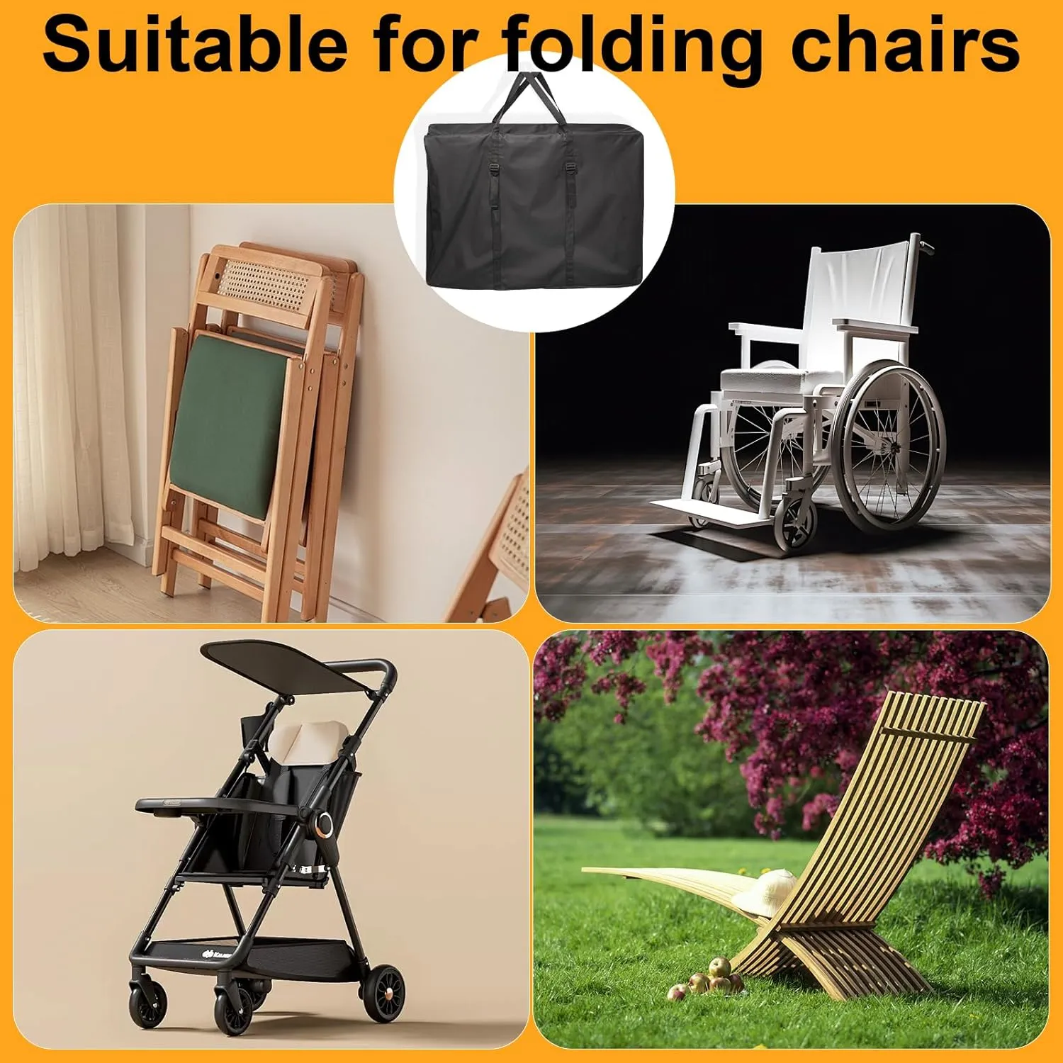 Large Outside Folding Chair Storage Bag with Zipper Handles and adjustable straps, 600D Folding Chair Carry Bag for Zero Gravity Chair Cover, Portable Folding Lounge Chair Carrying Bags (Black)