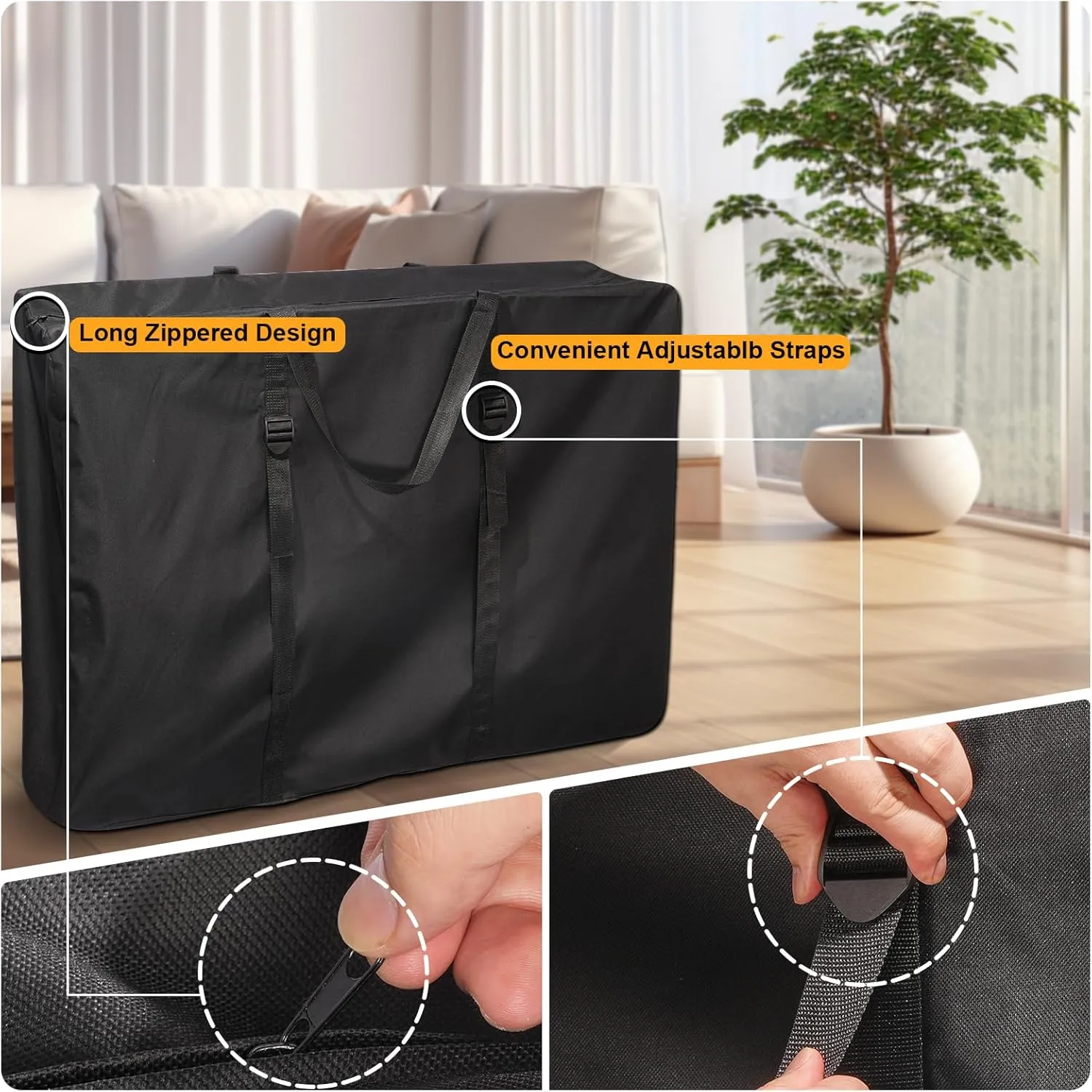 Large Outside Folding Chair Storage Bag with Zipper Handles and adjustable straps, 600D Folding Chair Carry Bag for Zero Gravity Chair Cover, Portable Folding Lounge Chair Carrying Bags (Black)