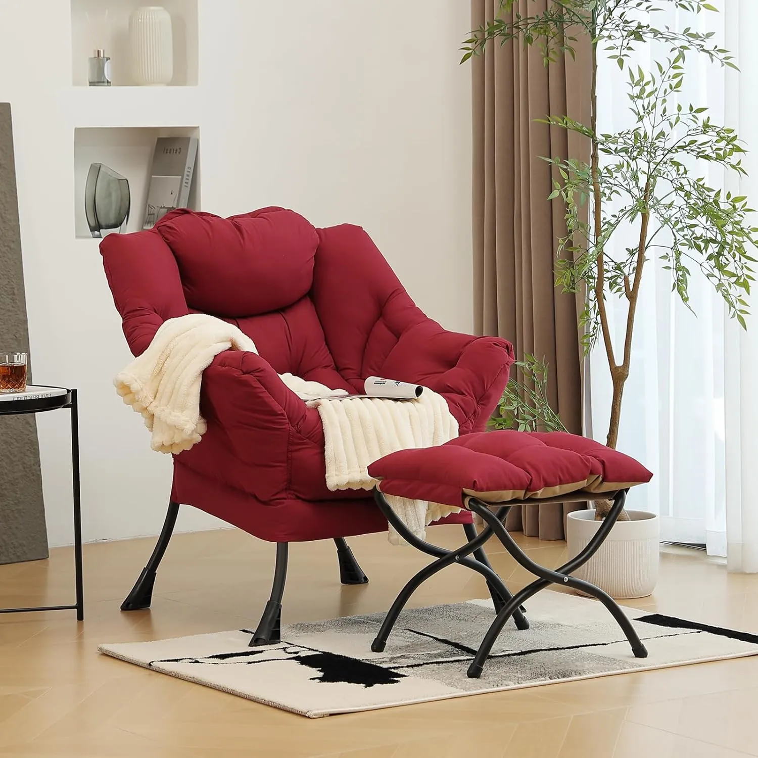 Lazy Chair with Ottoman, Modern Chair with Folding Footrest, Lounge Accent Chair, Comfortable Reading Chair (Burgundy)