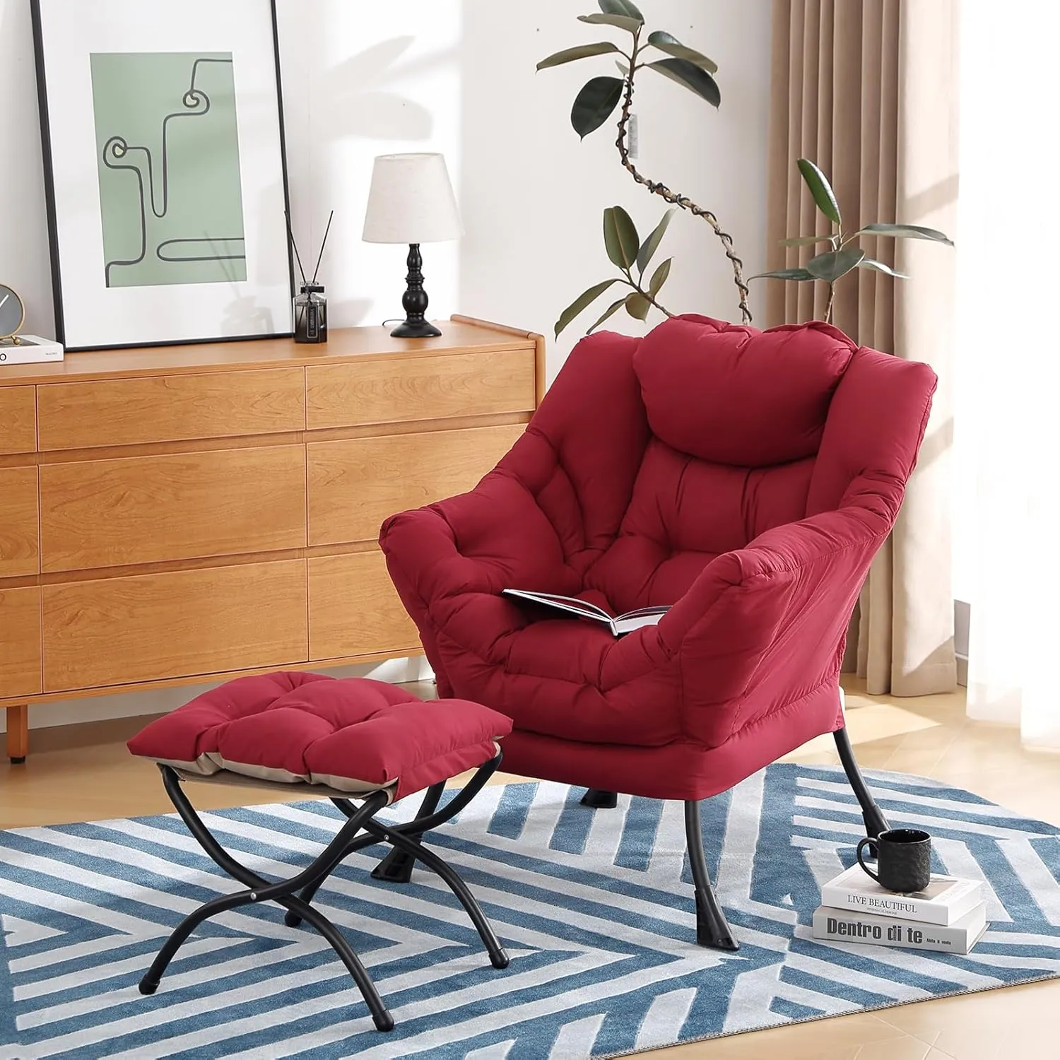 Lazy Chair with Ottoman, Modern Chair with Folding Footrest, Lounge Accent Chair, Comfortable Reading Chair (Burgundy)
