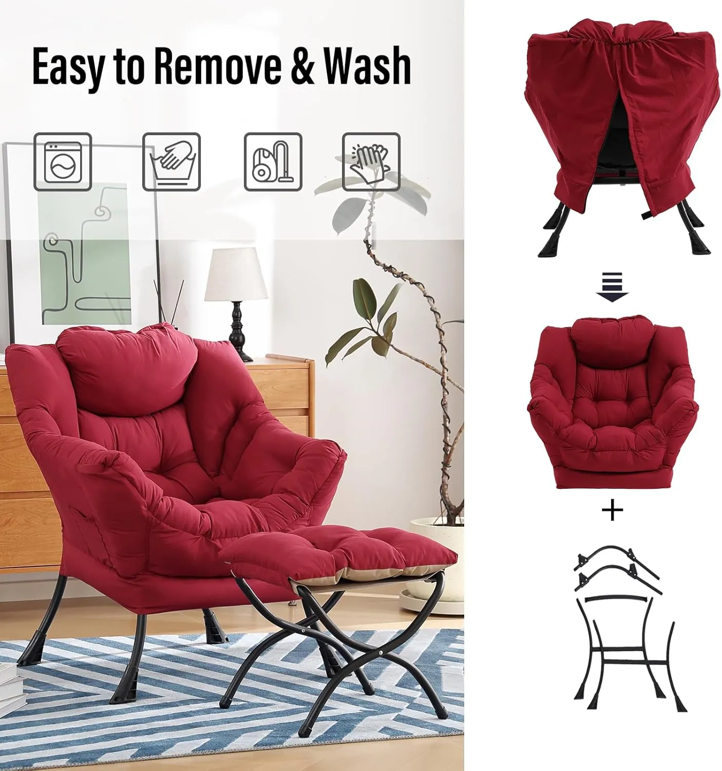 Lazy Chair with Ottoman, Modern Chair with Folding Footrest, Lounge Accent Chair, Comfortable Reading Chair (Burgundy)