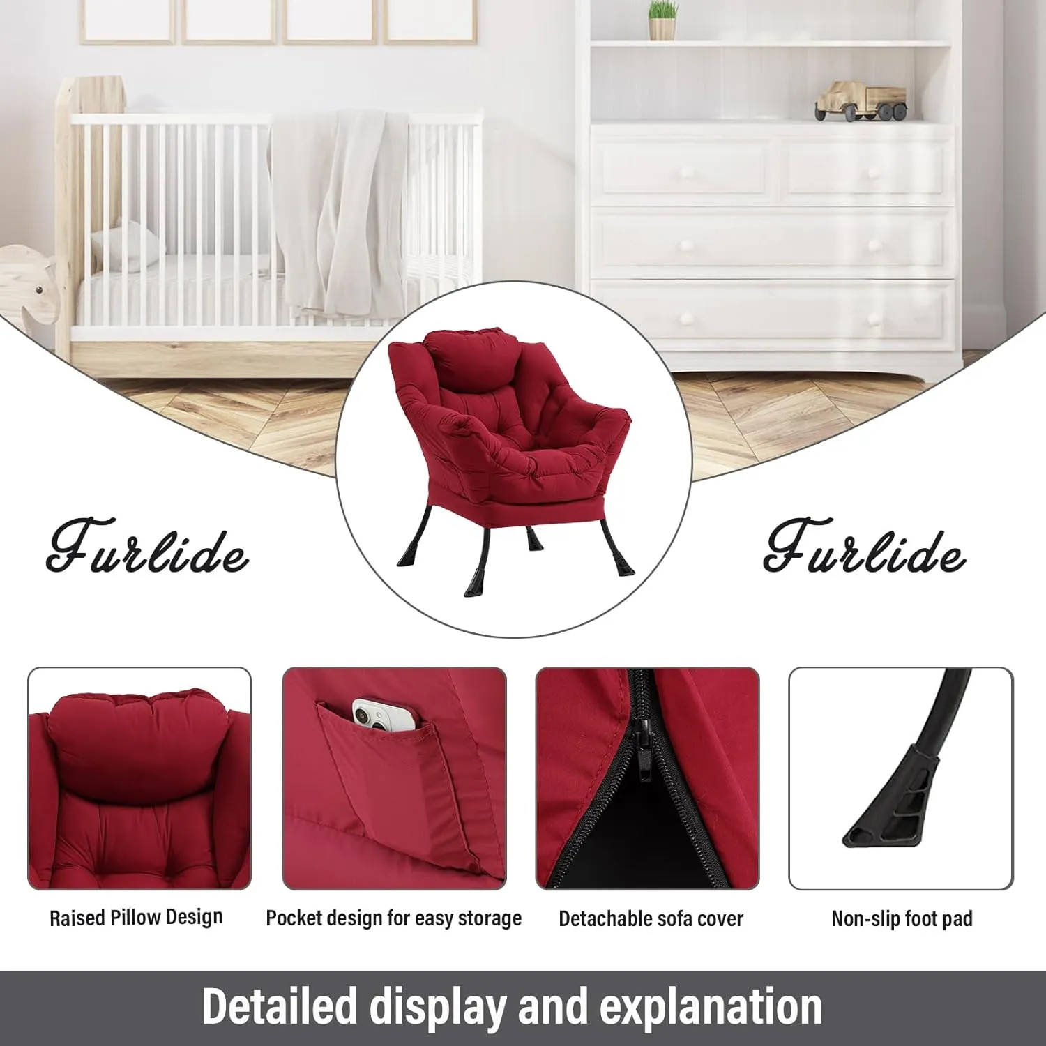 Lazy Chair with Ottoman, Modern Chair with Folding Footrest, Lounge Accent Chair, Comfortable Reading Chair (Burgundy)