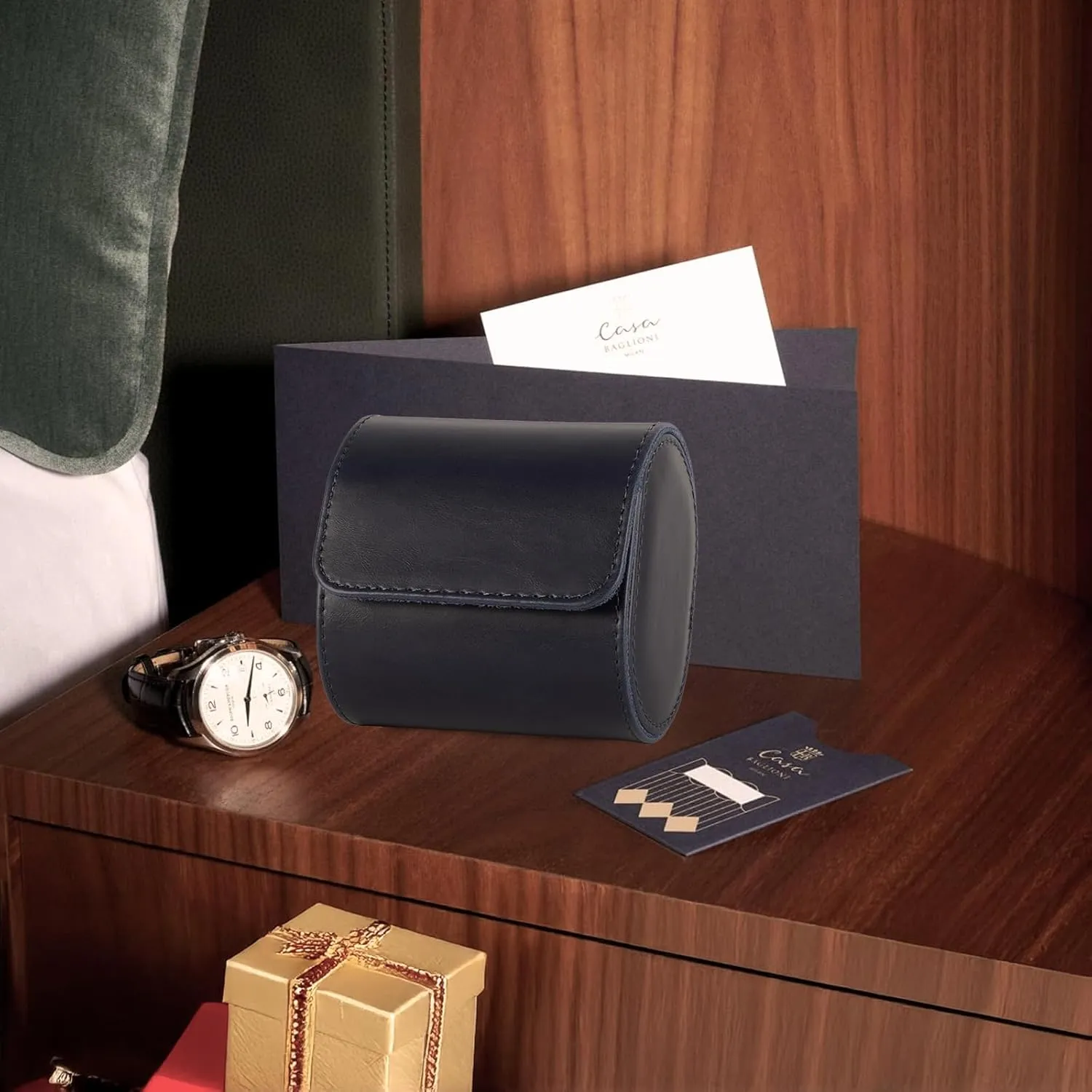 Leather Double Watch Box, Vintage Watch Roll Travel Case for Men and Women (Double-Blue)