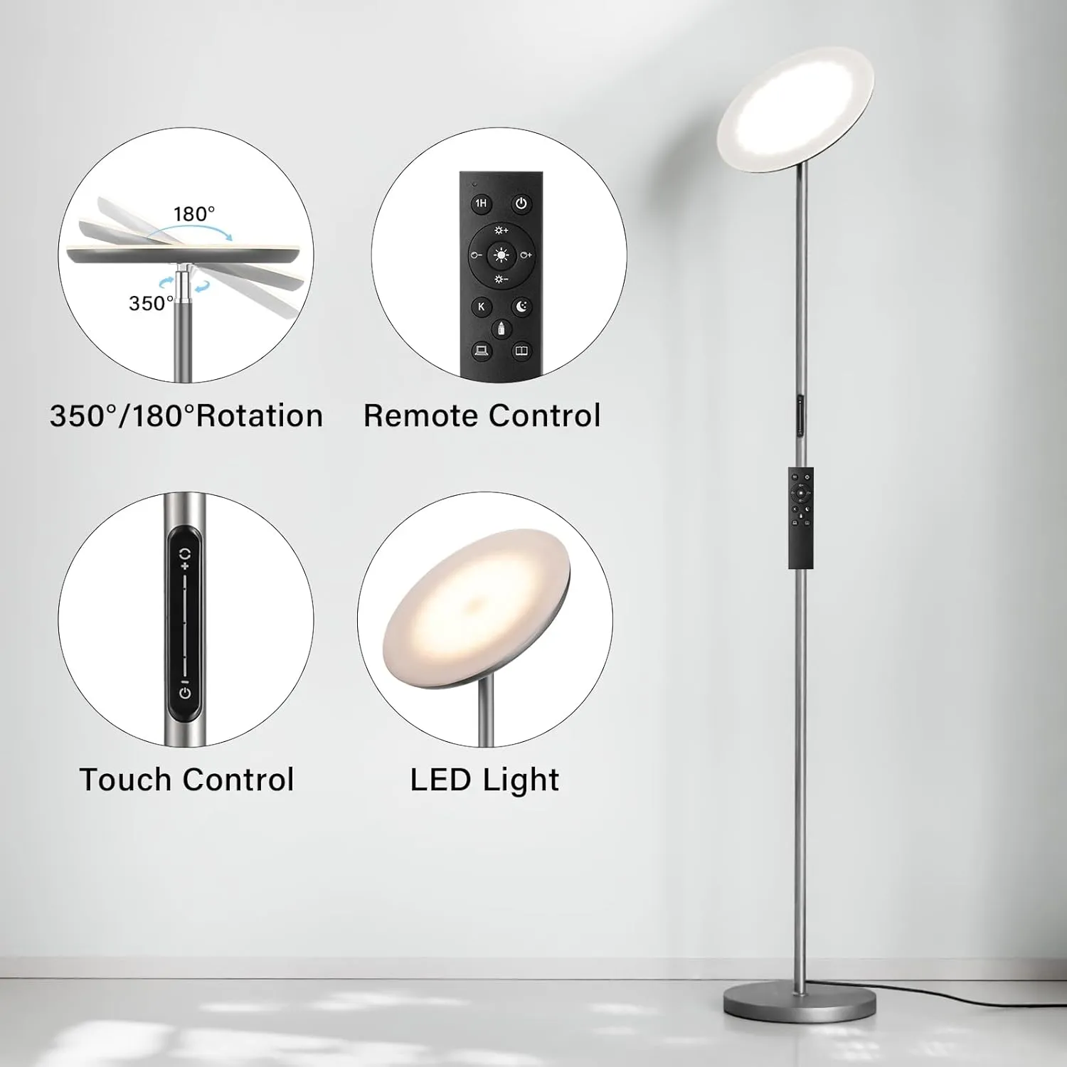 LED Floor Lamp with Remote, Touch Control, Fully Dimmable, Adjustable Brightness, 69 in, Deep Grey