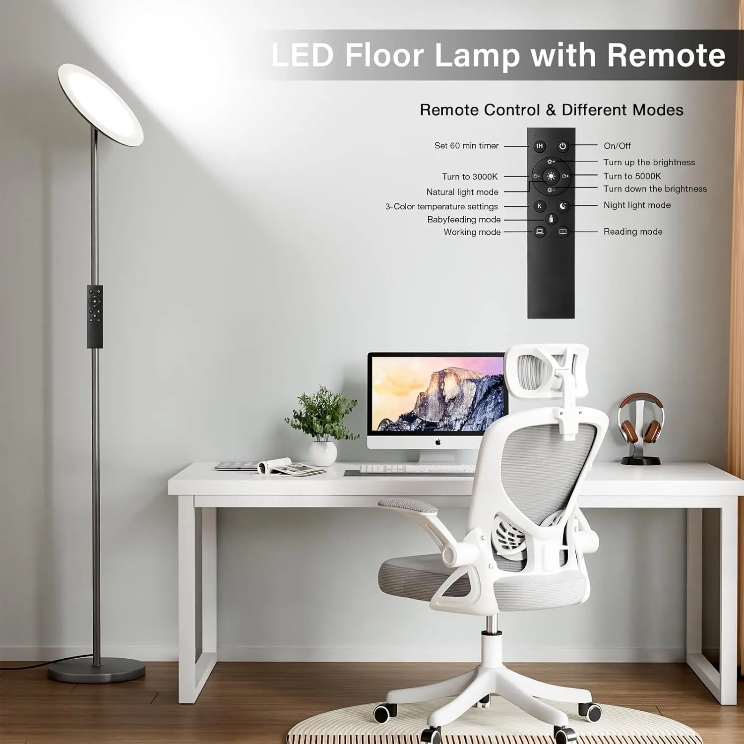 LED Floor Lamp with Remote, Touch Control, Fully Dimmable, Adjustable Brightness, 69 in, Deep Grey