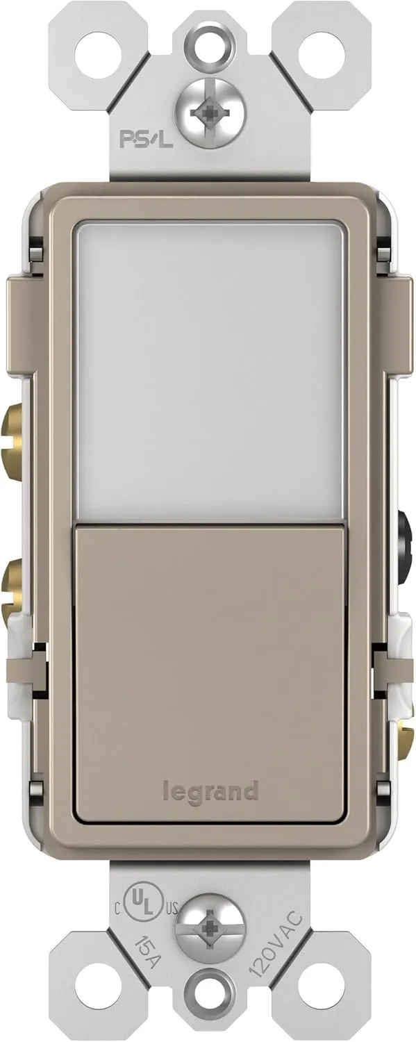 Legrand radiant NTL873NICC6 15 Amp Combination Adjustable LED Night Light and 3-Way Decorator Rocker Switch for Hallways or Kids Bedrooms, Nickel (1 Count)