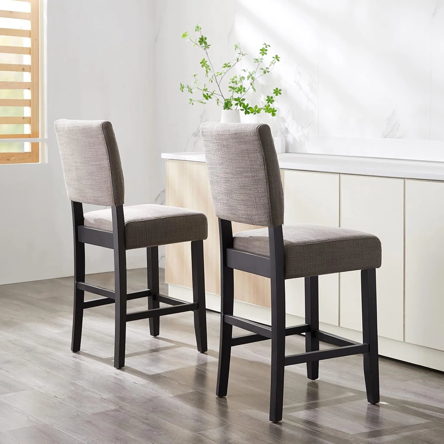 Leick Home Brax Counter Height Stool with Upholstered Back and Wood Base – Set of 4 for Elevated Kitchen Counters, High Top Tables, and Bars – Modern Chairs in Gray, 214916