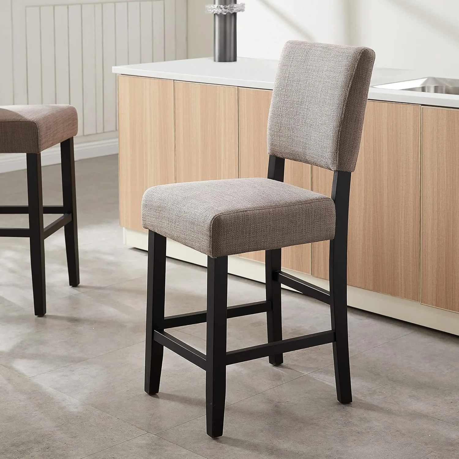 Leick Home Brax Counter Height Stool with Upholstered Back and Wood Base – Set of 4 for Elevated Kitchen Counters, High Top Tables, and Bars – Modern Chairs in Gray, 214916