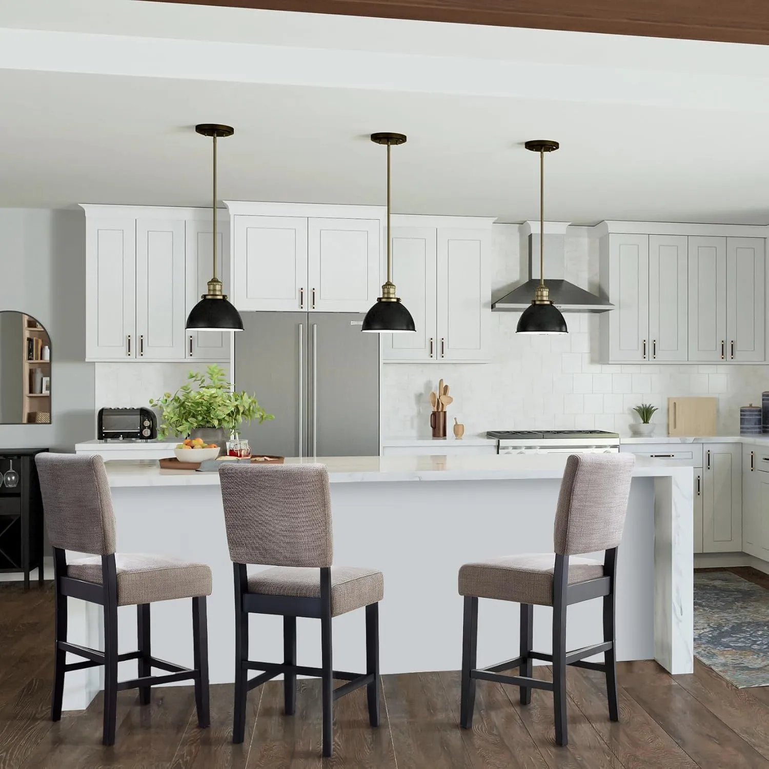 Leick Home Brax Counter Height Stool with Upholstered Back and Wood Base – Set of 4 for Elevated Kitchen Counters, High Top Tables, and Bars – Modern Chairs in Gray, 214916