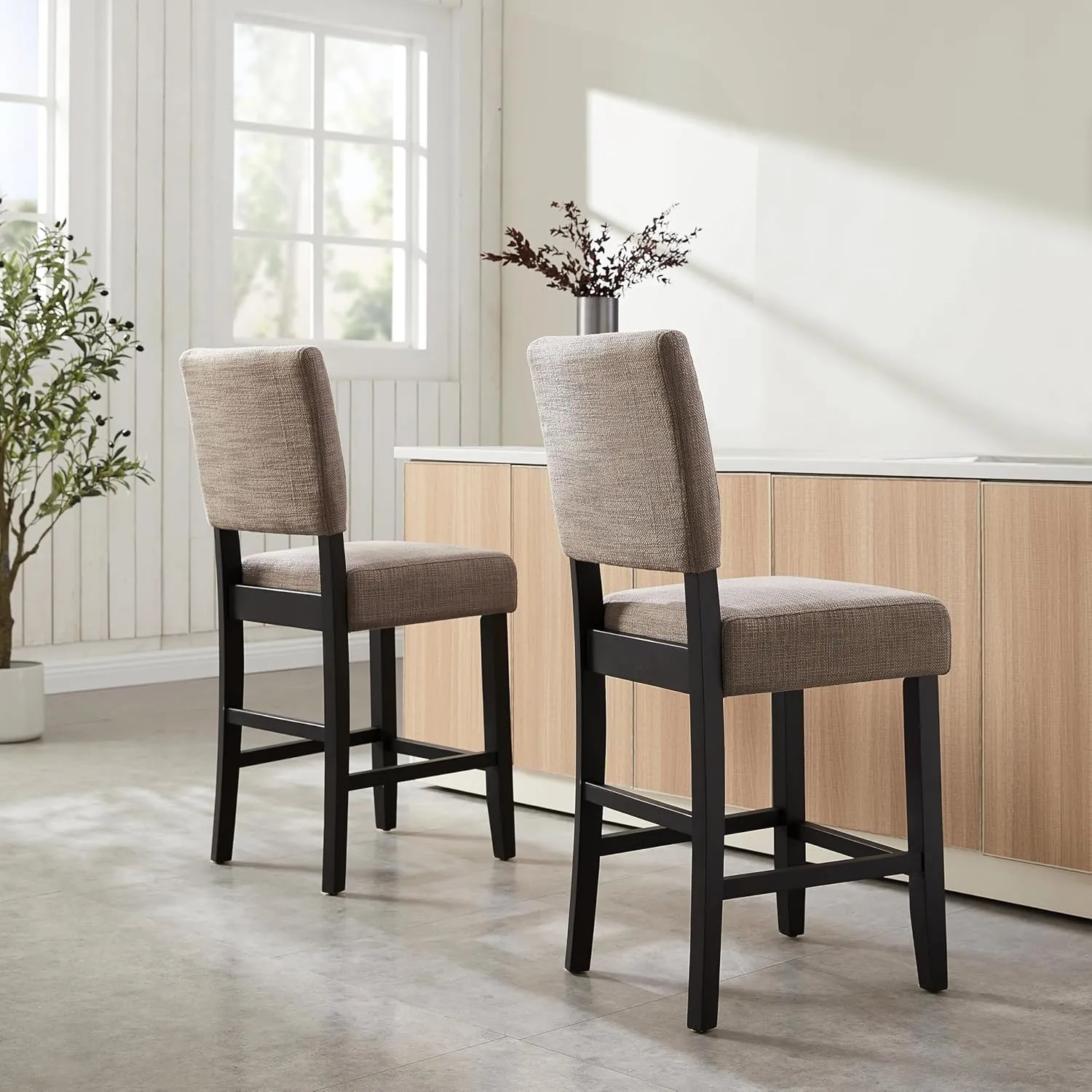 Leick Home Brax Counter Height Stool with Upholstered Back and Wood Base – Set of 4 for Elevated Kitchen Counters, High Top Tables, and Bars – Modern Chairs in Gray, 214916