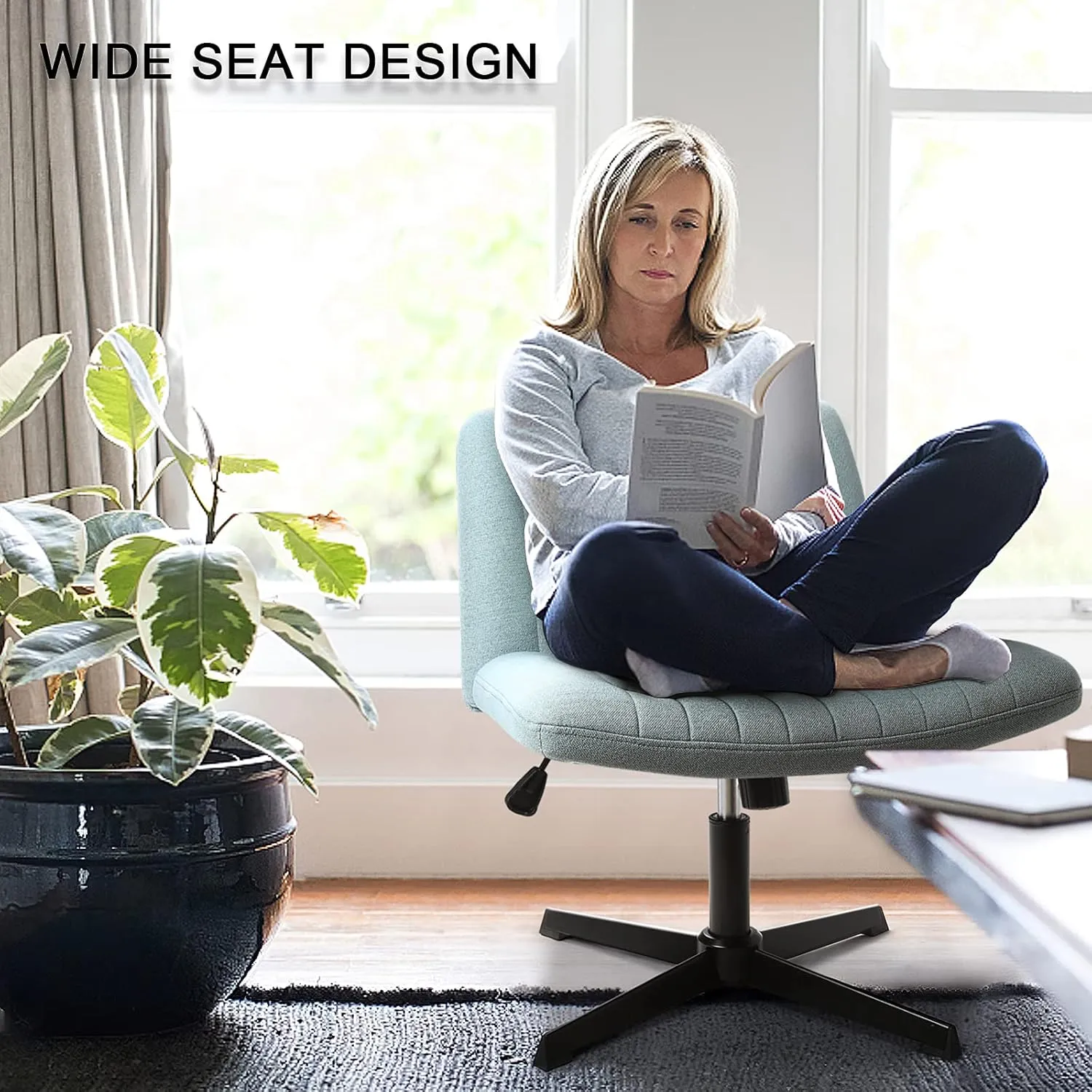 LEMBERI Fabric Padded Desk Chair No Wheels, Armless Wide Swivel Home Office Desk Chair,120°Rocking Mid Back Ergonomic Computer Task Vanity Chair for Office, Home, Make Up,Small Space, Bed Room