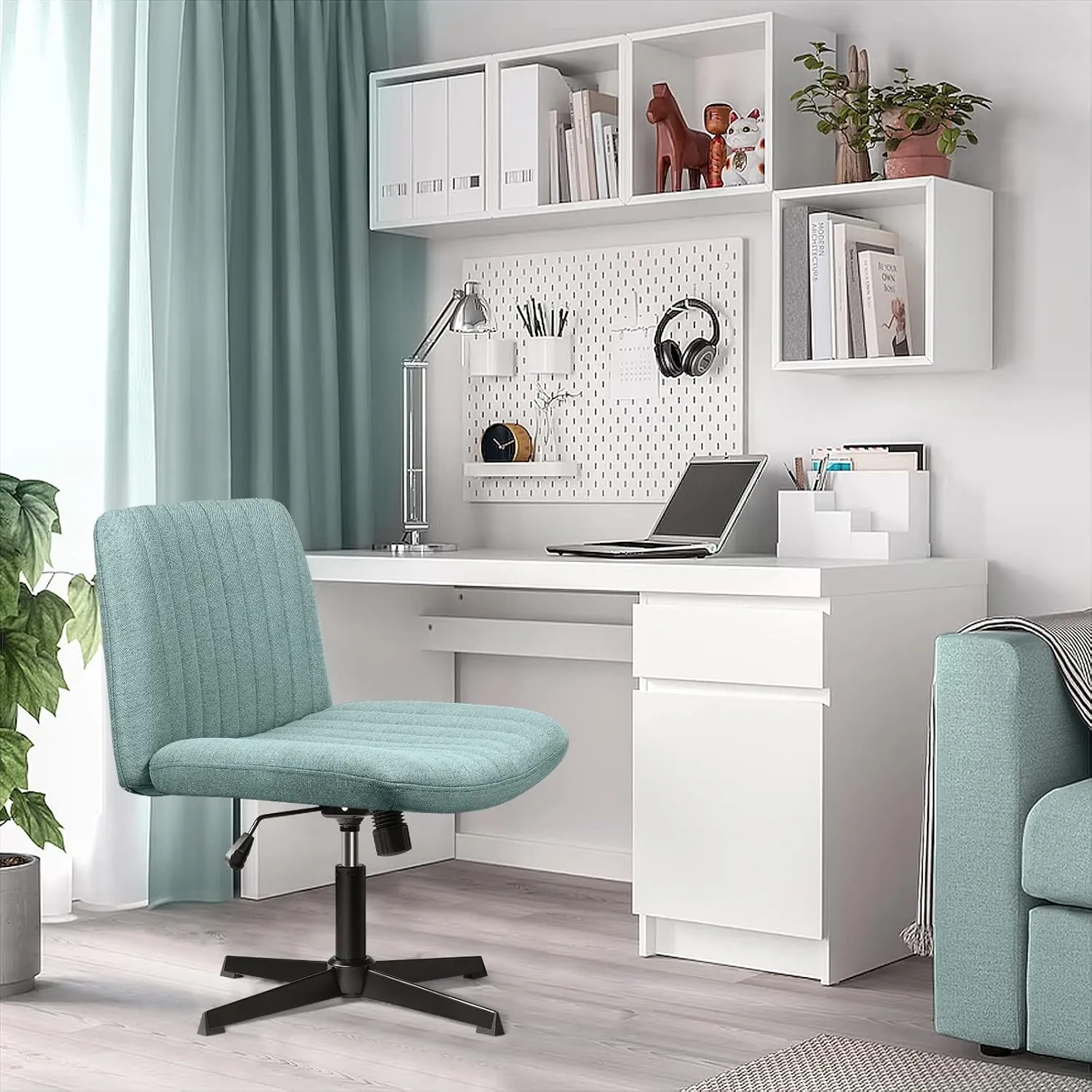 LEMBERI Fabric Padded Desk Chair No Wheels, Armless Wide Swivel Home Office Desk Chair,120°Rocking Mid Back Ergonomic Computer Task Vanity Chair for Office, Home, Make Up,Small Space, Bed Room