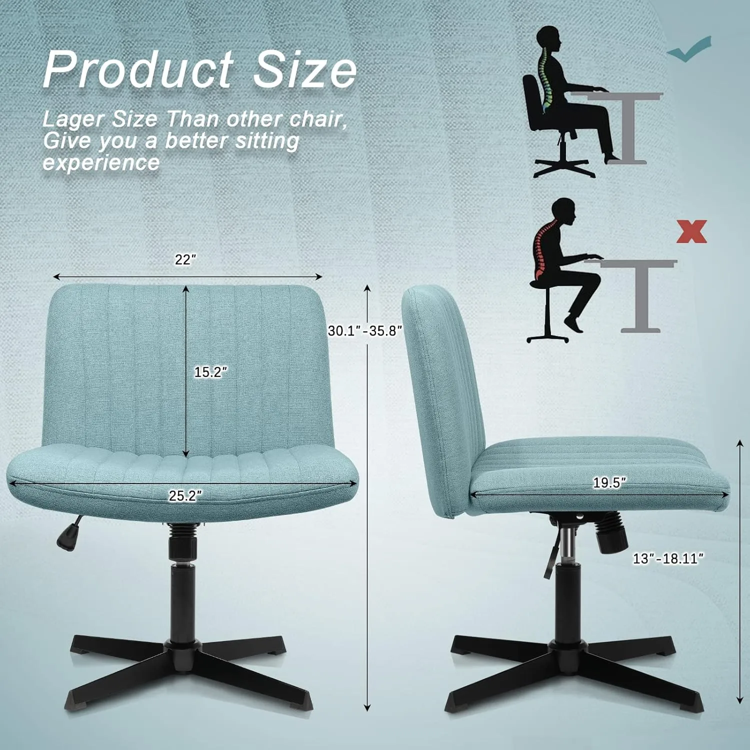 LEMBERI Fabric Padded Desk Chair No Wheels, Armless Wide Swivel Home Office Desk Chair,120°Rocking Mid Back Ergonomic Computer Task Vanity Chair for Office, Home, Make Up,Small Space, Bed Room