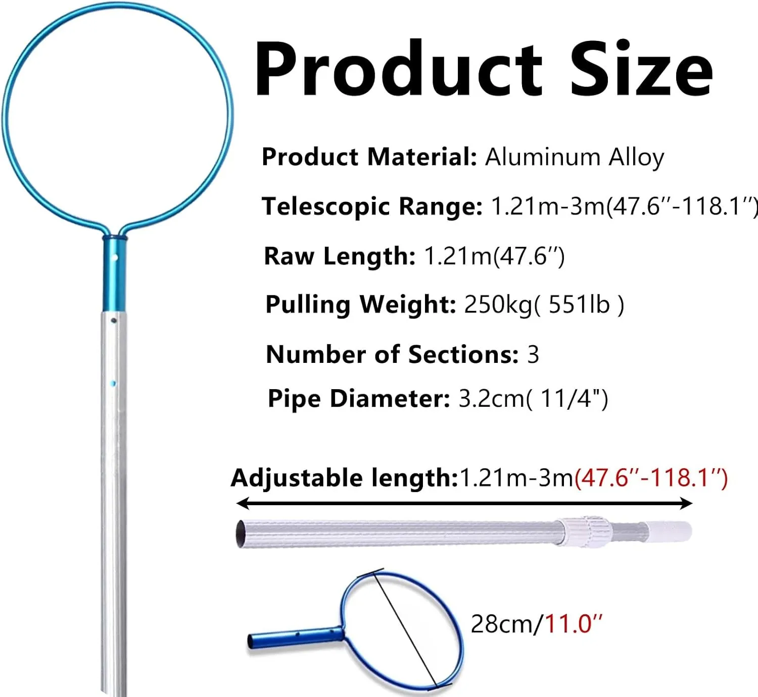 Lifesaving Pole Adjustable Length Professional Rescue Pole, Aluminum Emergency Lifesaving Rod for Water Parks, Vacation Villages, Multi-use Salvage Rods for Struggling Swimmers(H 3 m/9.8 ft)