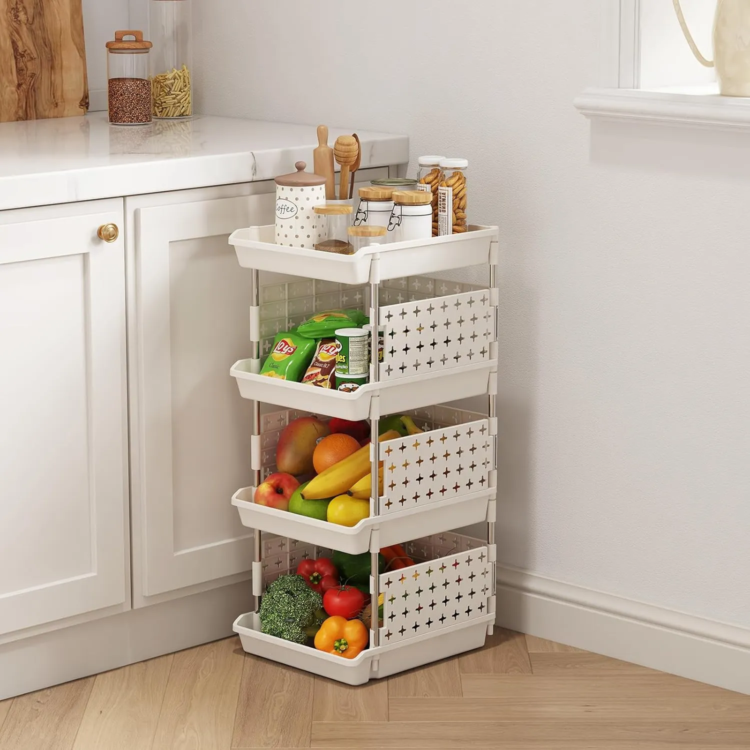 Lifewit Plastic Stackable Storage Baskets, 4 Tier Stacking Bins for Closet Wardrobe, Playroom, Kitchen and Pantry Organization, Large Capacity Multi-Functional Stackable Storage Containers Shelves