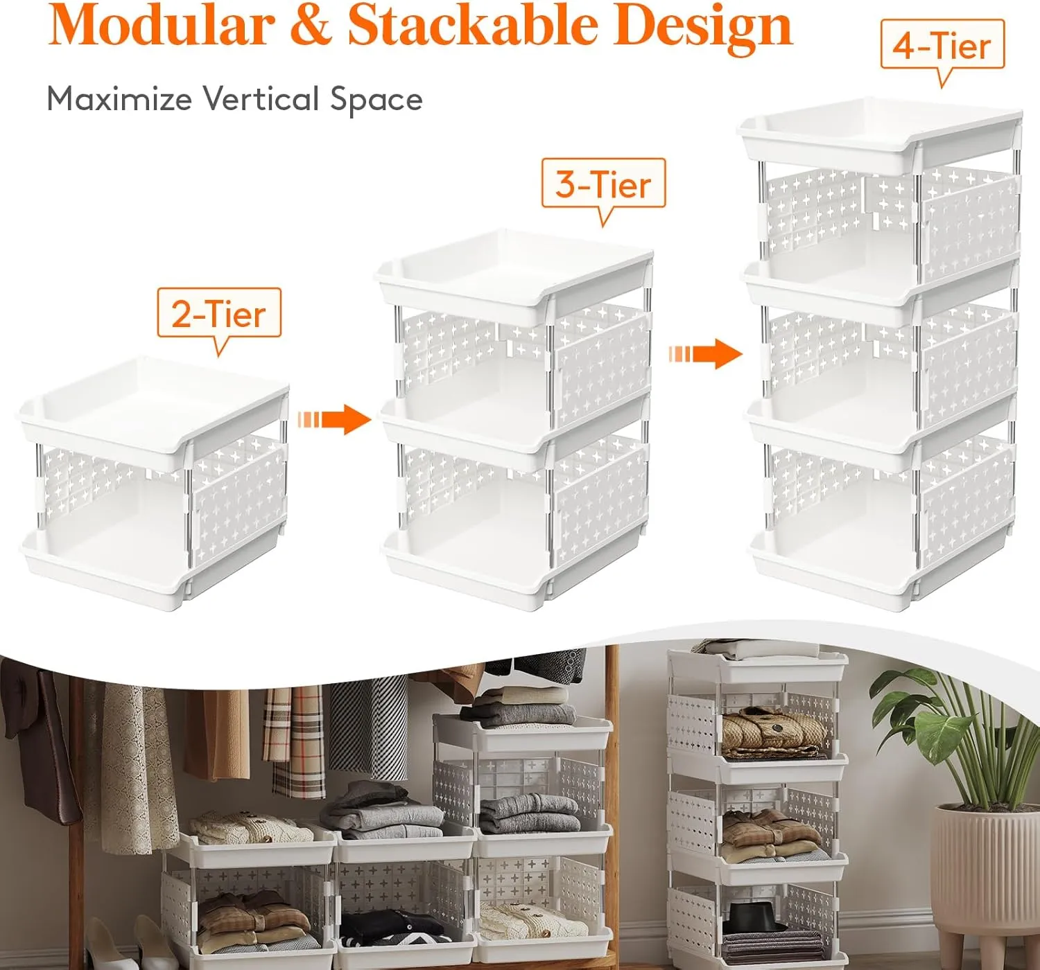 Lifewit Plastic Stackable Storage Baskets, 4 Tier Stacking Bins for Closet Wardrobe, Playroom, Kitchen and Pantry Organization, Large Capacity Multi-Functional Stackable Storage Containers Shelves