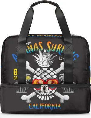 Lifornia Beach Pineapple Skull Travel Bag Double Tier Zip Closure Weekender Bag with Leather Handle Waterproof Sports Tote Gym Bag for Swim Beach Gym Yoga