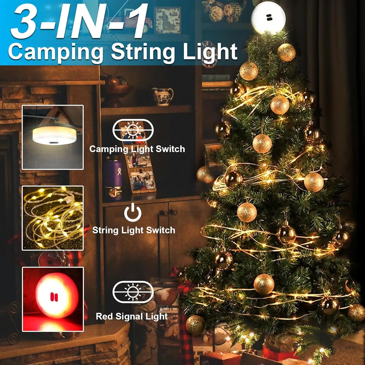 LIGBT Camping String Lights 32.8FT 3-in-1 Outdoor String Lights with 15 Lighting Modes, Rechargeable, Waterproof, Green