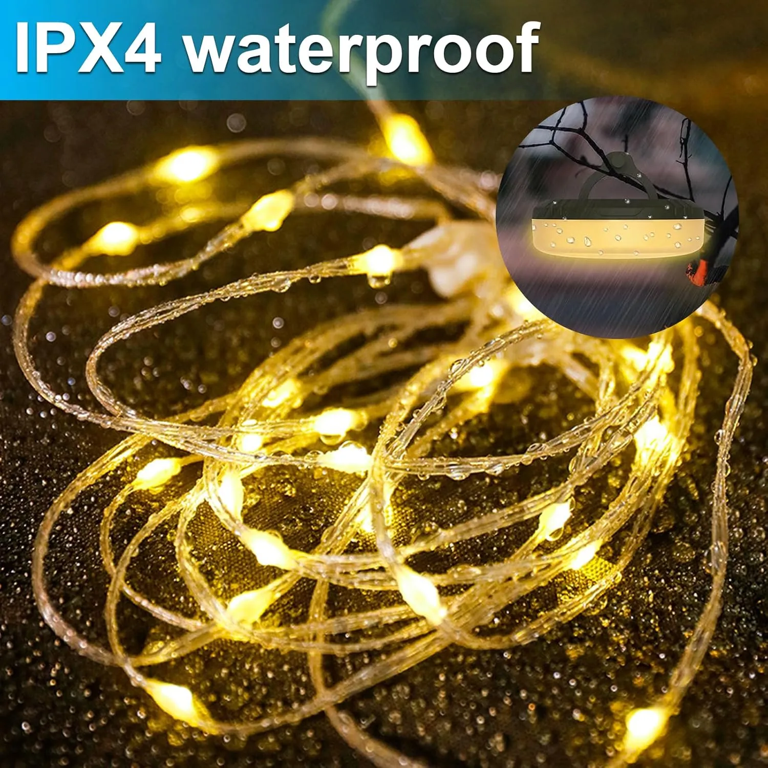 LIGBT Camping String Lights 32.8FT 3-in-1 Outdoor String Lights with 15 Lighting Modes, Rechargeable, Waterproof, Green